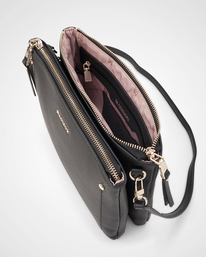 Charlotte Double Zip Crossbody Bag with Leopard Print Strap - Stylish & Functional Purse for Women, Perfect for Work, Travel & Everyday Use
