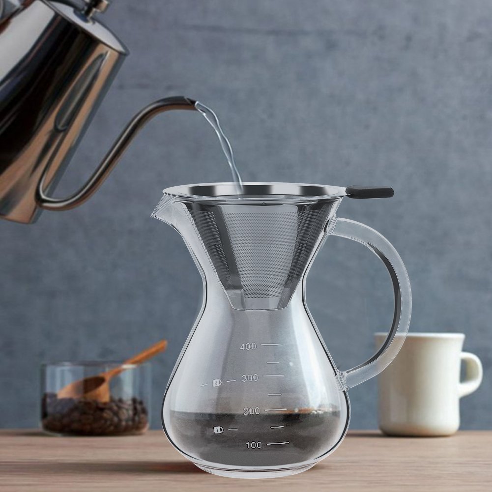 Hakeeta 400ml Pour Over Coffee Maker - Glass Dripper with Reusable Stainless Steel Filter | Manual Brewing for Home, Office & Camping | Perfect for Specialty Coffee Lovers
