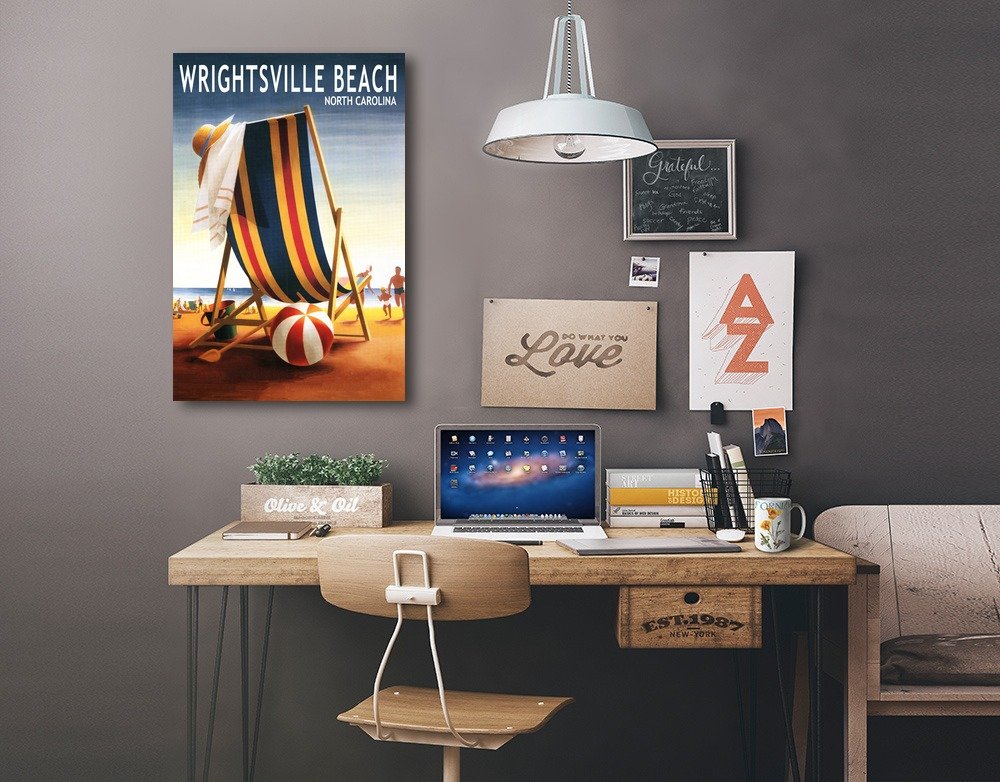 Wrightsville Beach North Carolina Wall Art - 24x36 Wrapped Canvas Print of Beach Ball & Chair Decor - Coastal Home Decor for Living Room, Bedroom or Office