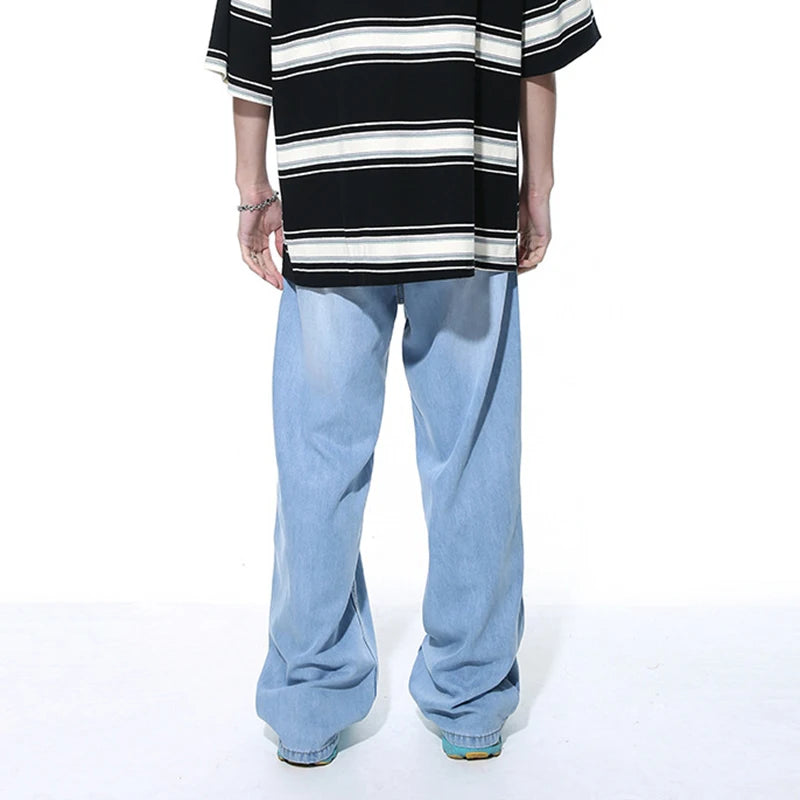 American Style Men's Loose Pocket Zipper Washed Denim Jeans - Casual Straight Wide Leg Trousers for Autumn | Trendy Streetwear & Everyday Comfort (Style 9C5395)