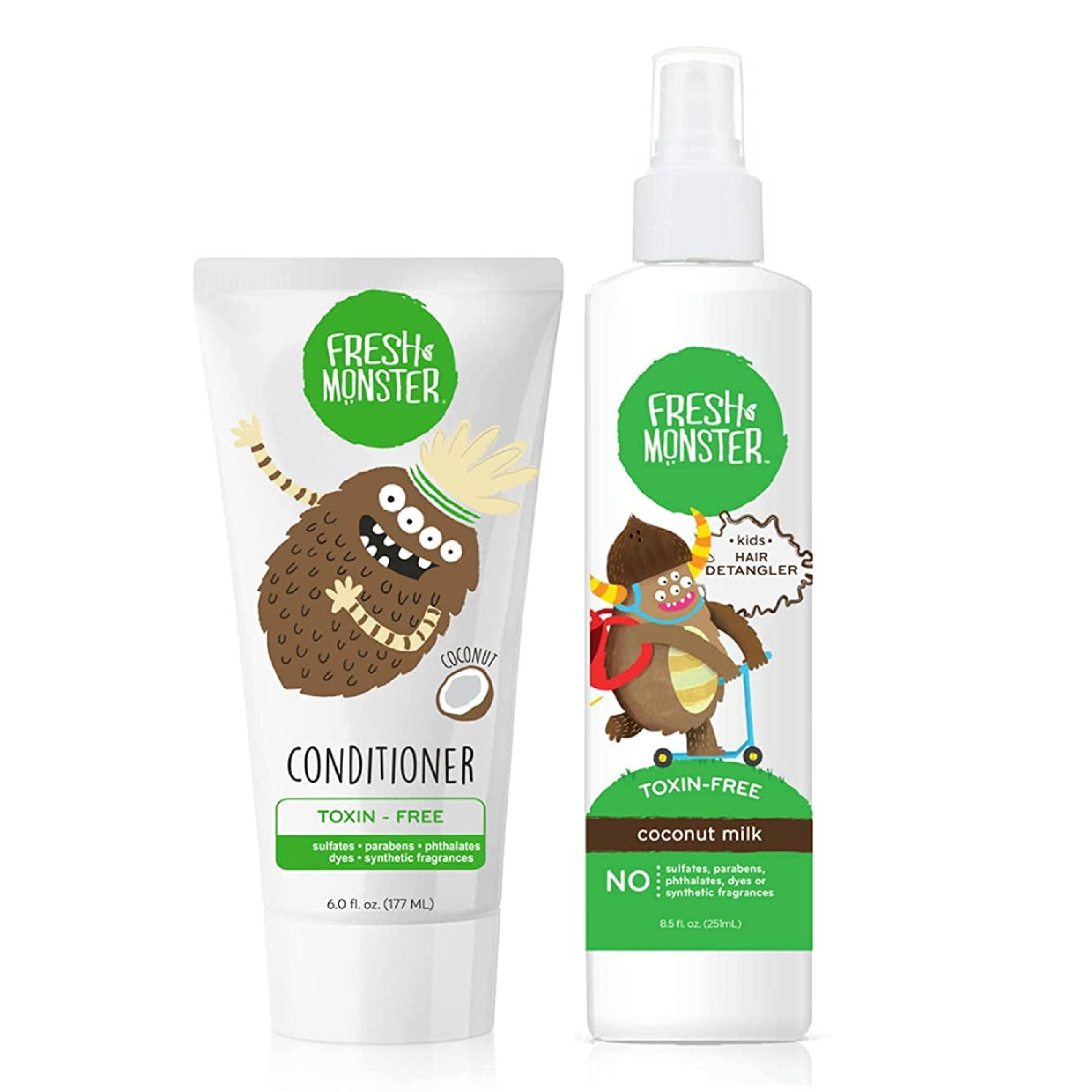 Fresh Monster Kids Hair Detangling Bundle – 8.5 oz Detangler & 6 oz Natural Conditioner | Hypoallergenic, Toxin-Free Detangling Spray with Coconut | Gentle Hair Care for Kids with Tangles, Curly or Fine Hair – Perfect for Daily Use & After Swimming