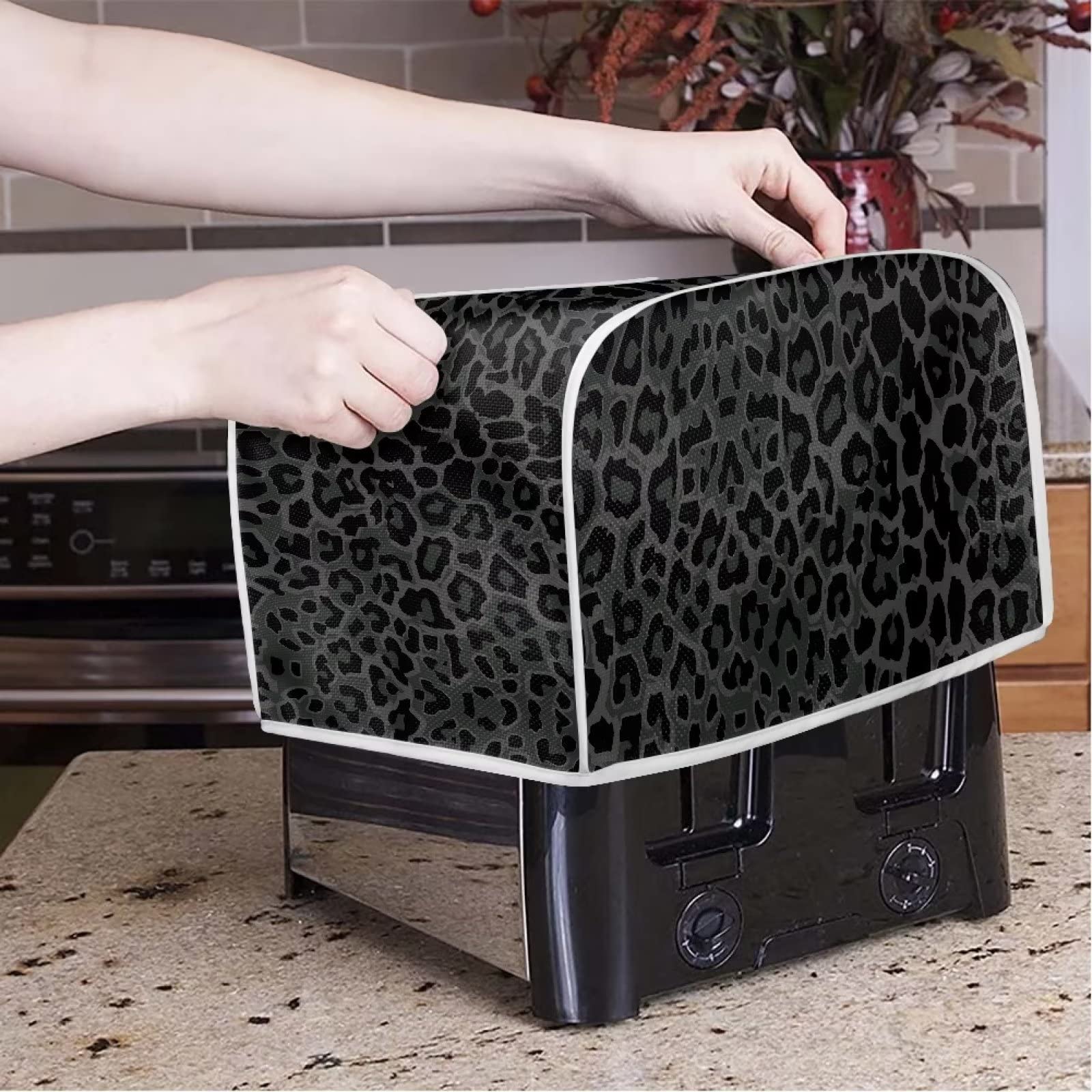Black Leopard Print 4-Slice Toaster Cover - Washable Kitchen Appliance Protector for Toaster Ovens & Bread Toasters - Perfect for Baking, Breakfast & Small Kitchen Decor