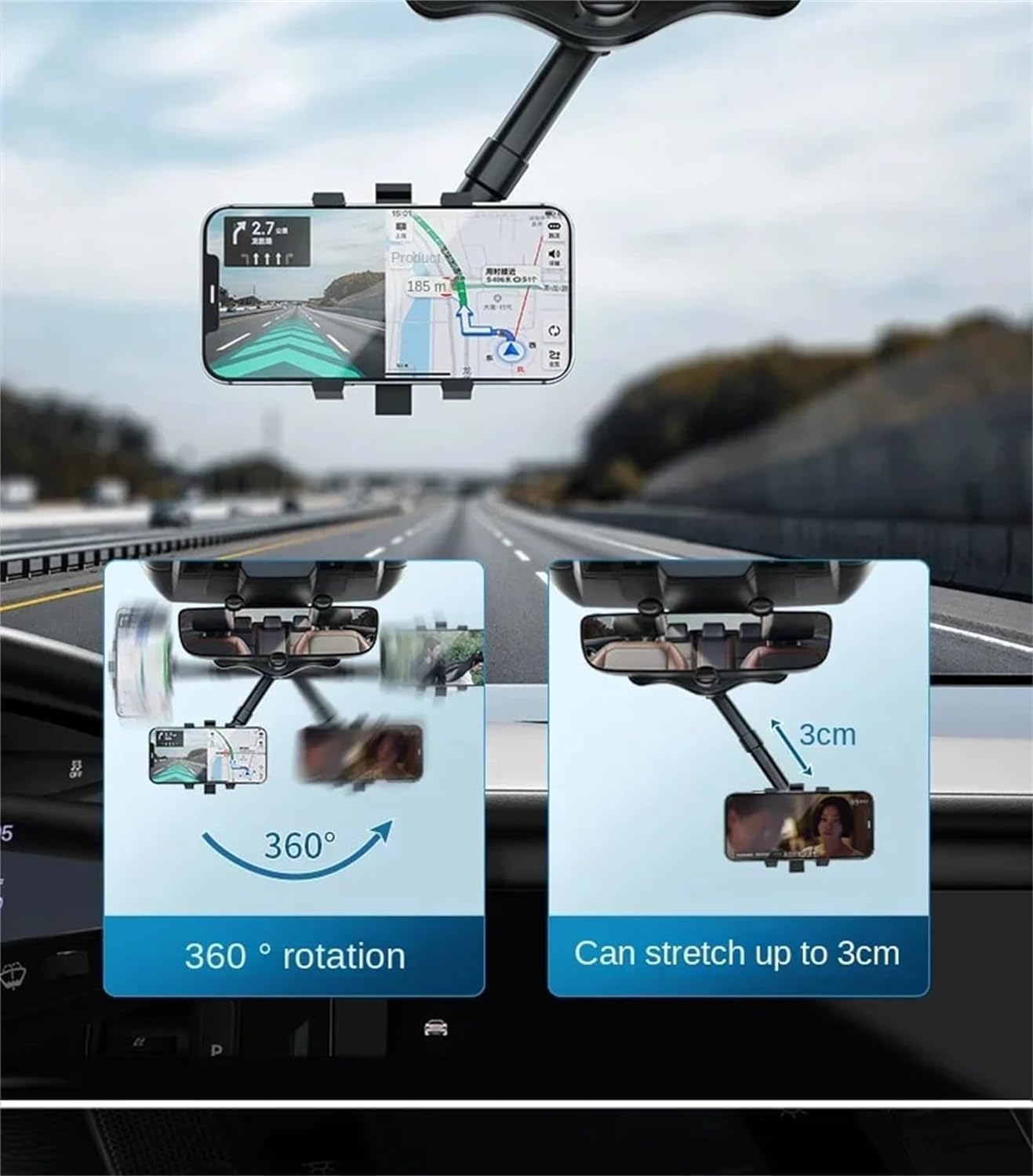 Satismoon 360° Rotatable Car Phone Holder - Universal Rearview Mirror Mount for iPhone, Samsung & More - Hands-Free Driving & GPS Navigation Accessory