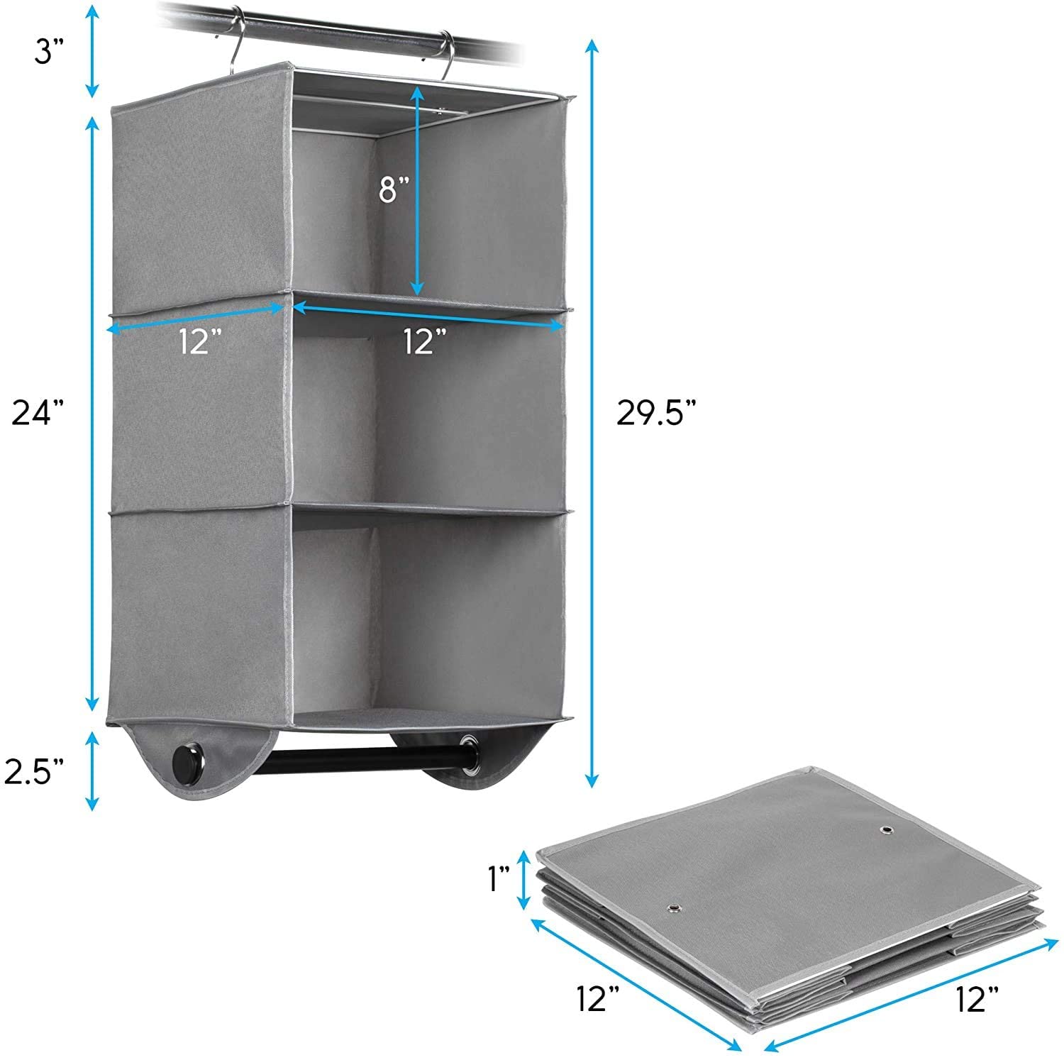 HOLDN’ STORAGE 3-Tier Hanging Closet Organizer - Space Saving Storage Shelves for Closet, Dorm, RV & Small Spaces - Grey Fabric with Black Metal Rod - 12”W x 12”D x 29.5”H - Perfect for College Dorms, Apartments & Travel Organization