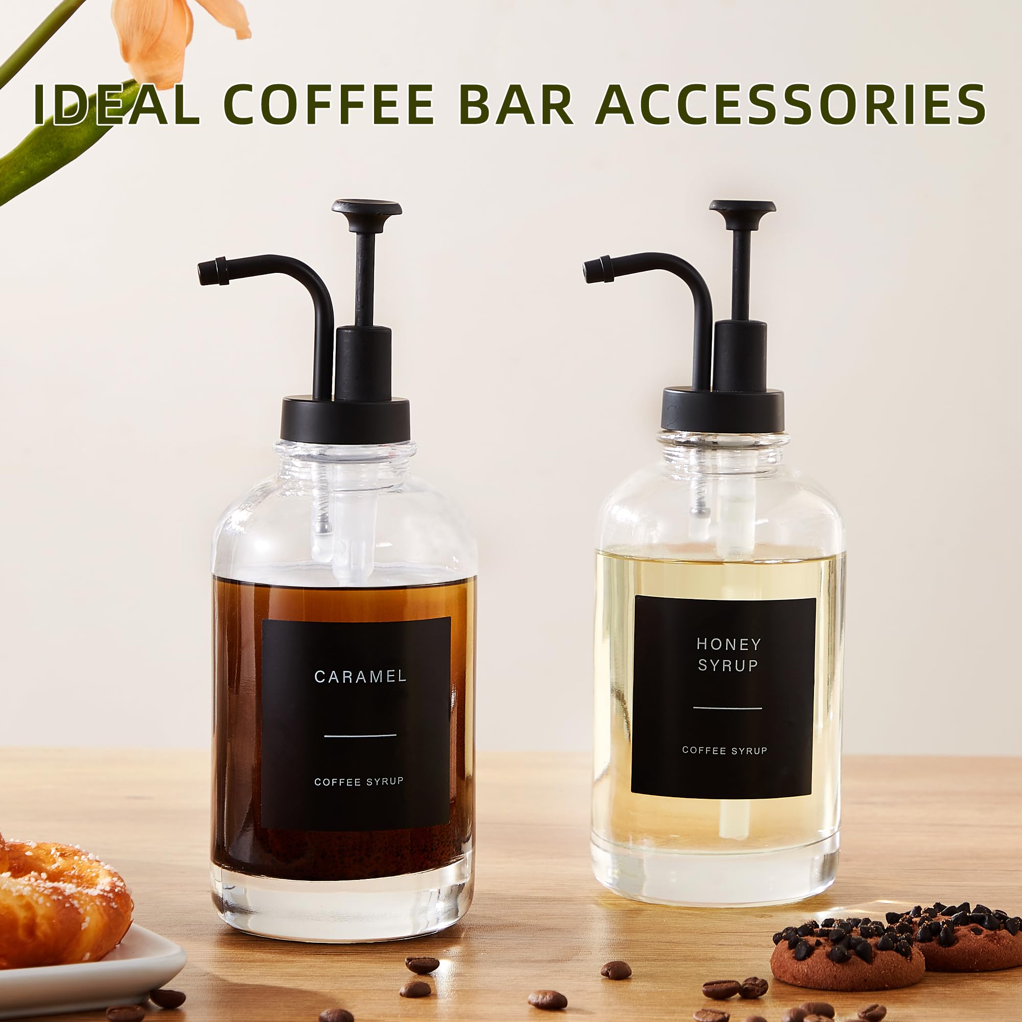 Premium Coffee Syrup Dispensers Set of 4 - 16.9 oz Glass Bottles with Matte Black Pumps & 36 Labels - Barista-Grade Syrup Pump Dispenser for Coffee Shops, Cafes & Home Use - Perfect for Latte Art, Iced Coffee & Specialty Drinks