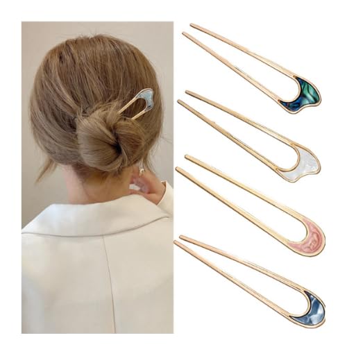 INSIME Elegant Marble Hair Stick for Women - 4 Pack Premium Metal Hair Bun Sticks with Stylish Design for Updos, Buns & Special Occasions