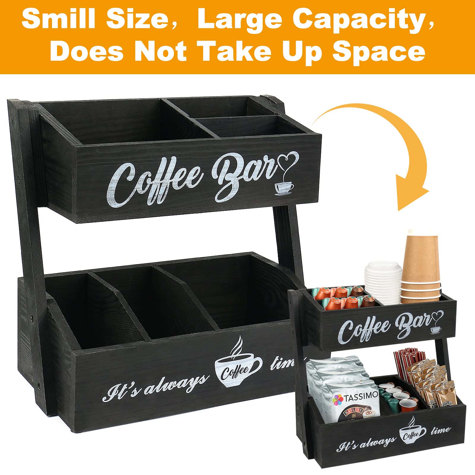 2-Tier Coffee Bar Organizer - Countertop Storage Shelf for Coffee Station & Kitchen Essentials | Black Coffee Bar Decor | Perfect Gift for Coffee Lovers | Ideal for Home, Office & Cafe Use