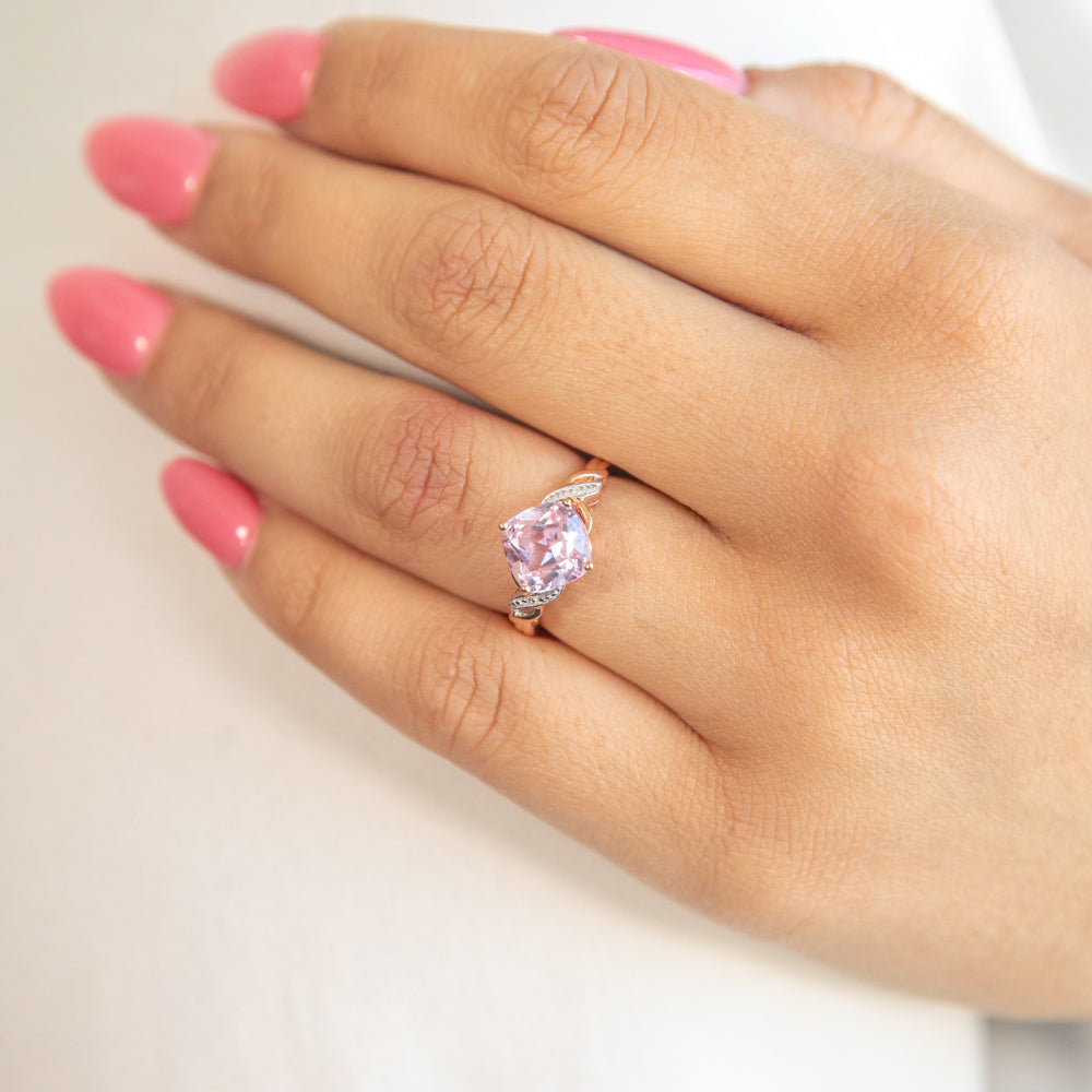 9ct Rose Gold Peach Sapphire and Diamond Cushion Cut Ring - Elegant Engagement, Anniversary or Gift Jewelry for Women