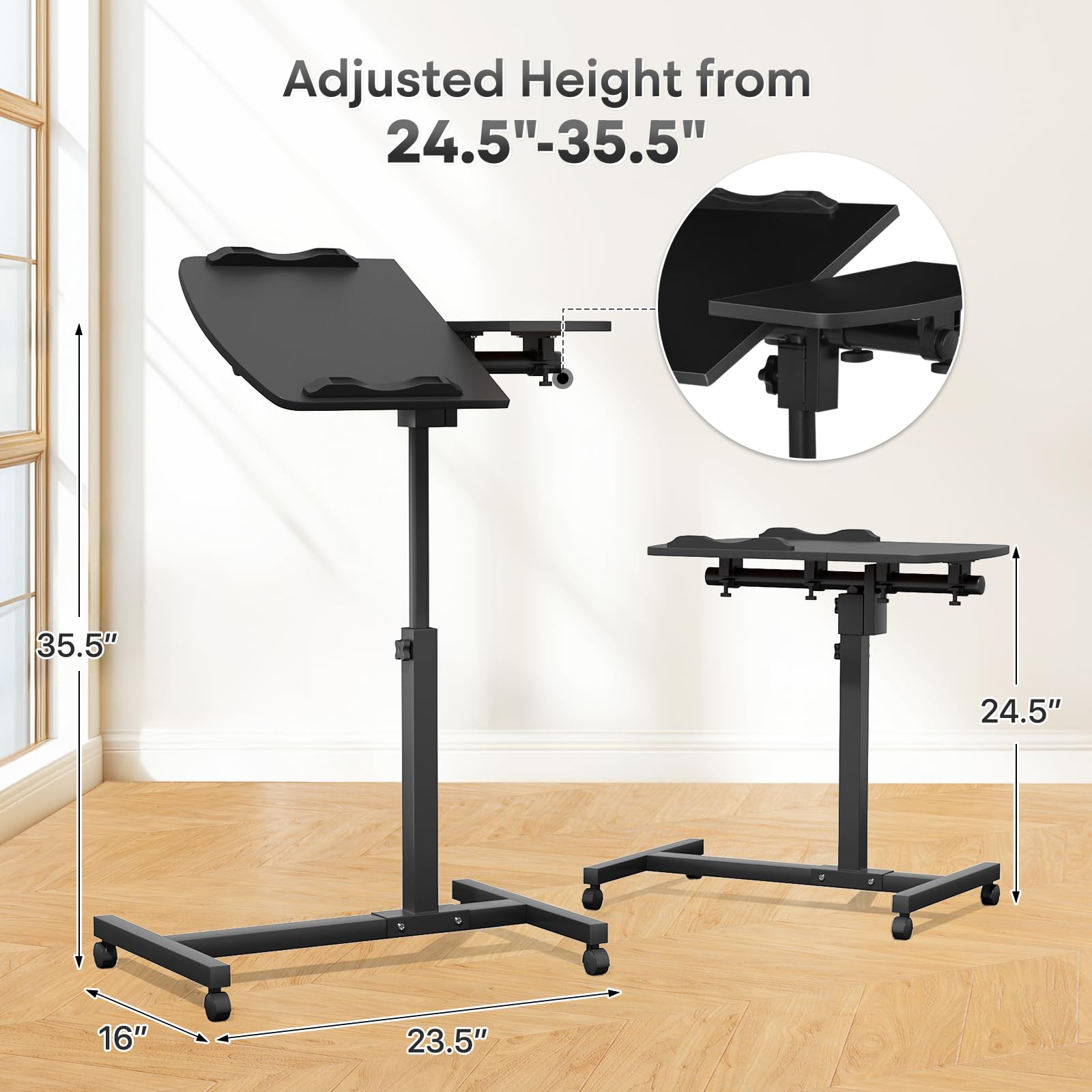 Adjustable Height Rolling Laptop Stand Cart - Mobile Portable Sit to Stand Desk Workstation for Home Office (Black) | Perfect for Small Spaces, Remote Work & Ergonomic Computing Setup