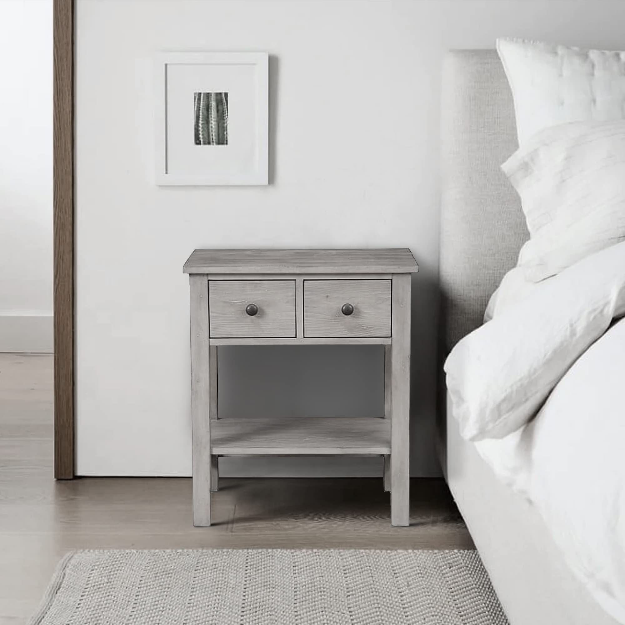 Benjara Modern Gray Nightstand with 2 Drawers & Bottom Shelf - Bedside Table for Bedroom, Living Room, or Office Storage