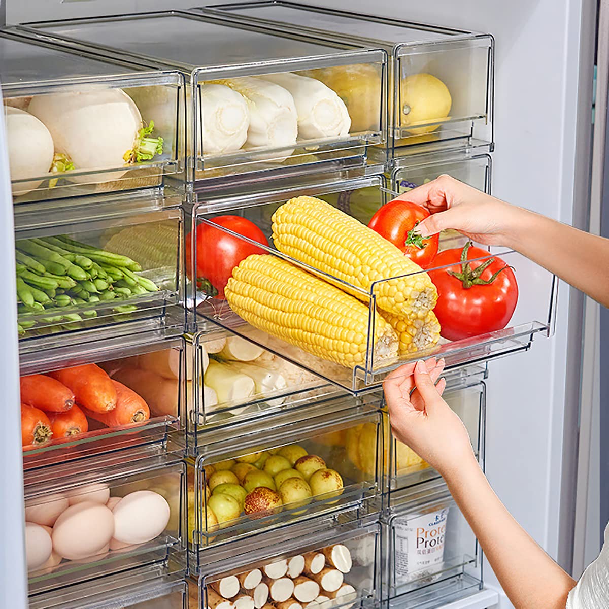 2-Pack Clear Stackable Refrigerator Drawer Organizers - Plastic Food Storage Bins for Kitchen, Pantry & Bathroom | Space-Saving Fridge & Closet Organizer Containers | Perfect for Meal Prep, Office Snacks & Home Organization (Large Size)