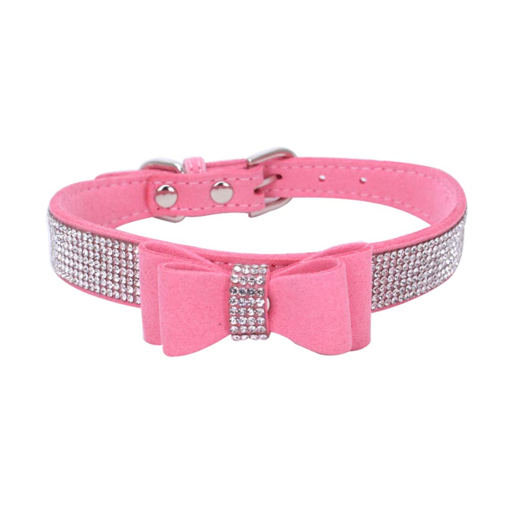 Sparkling Rhinestone Dog Collar - Crystal Studded Soft Leather Padded Bow Collar for Small to Medium Dogs (Pink, 16-20 Inches) - Perfect for Pet Parties, Photo Shoots & Daily Fashion Accessories