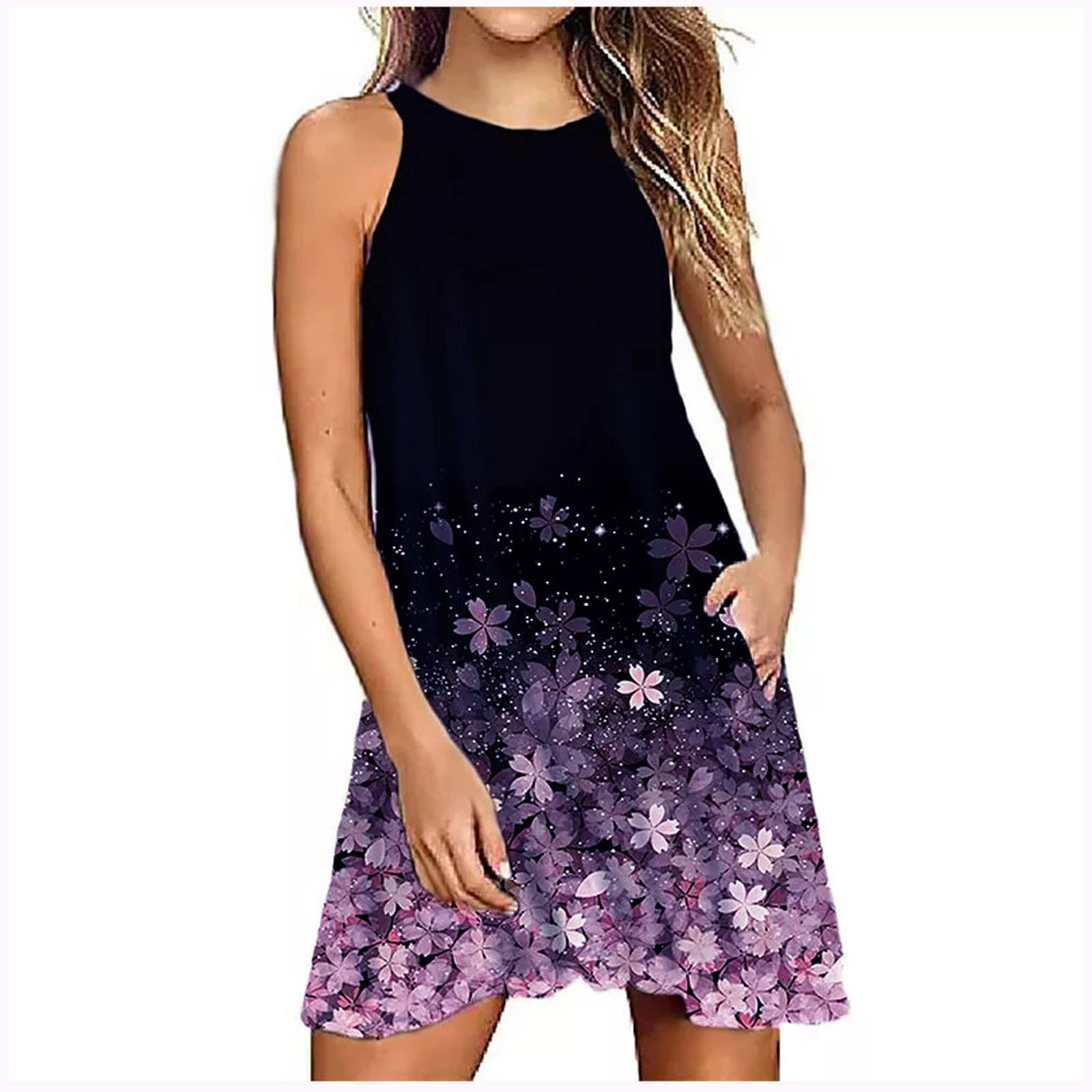 Women's Loose Sexy Printed Summer Sleeveless Mini Dress with Pockets - 2023 Trendy Swing Dress for Date Night & Beach Vacation