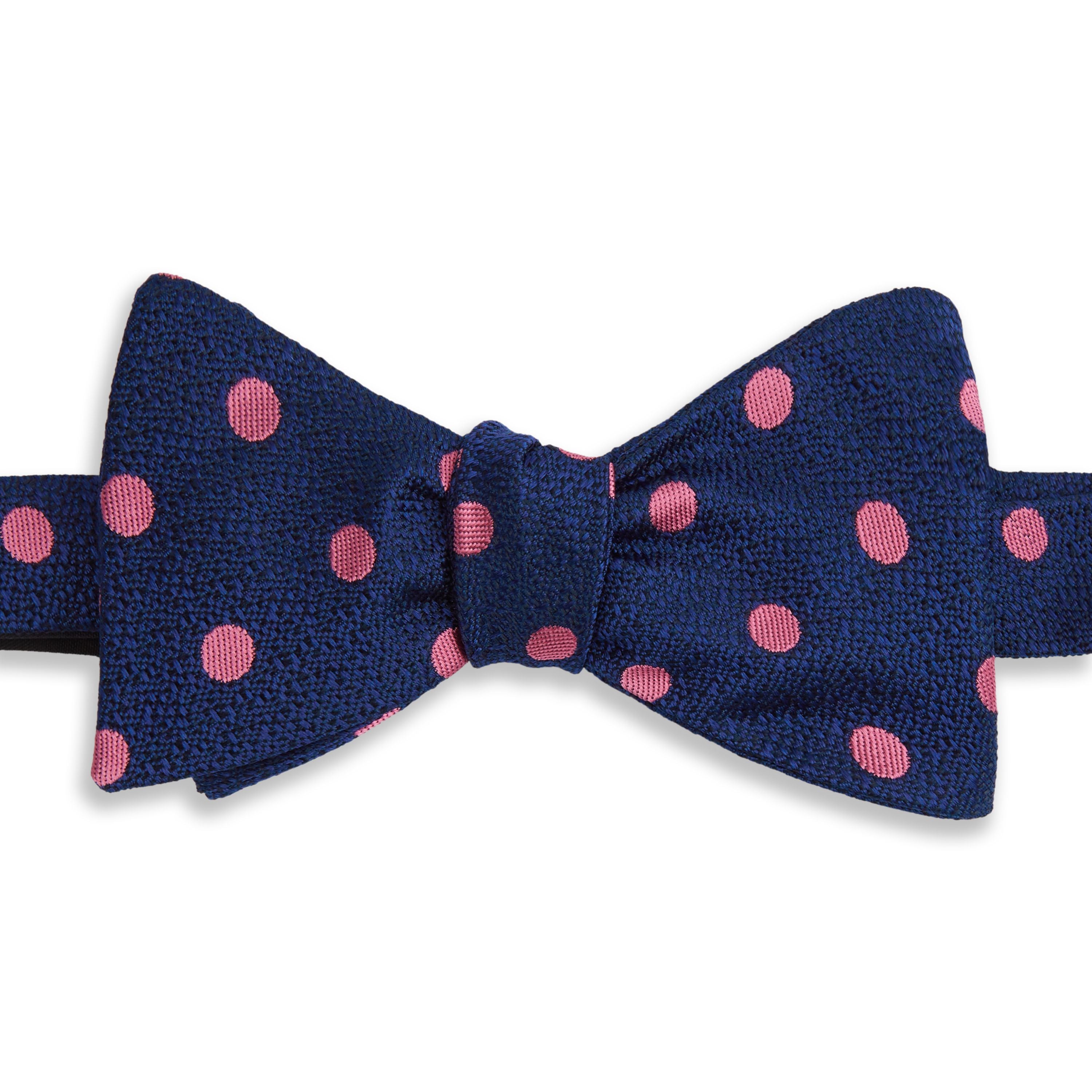 Navy and Pink Polka Dot Textured Silk Bow Tie for Men - Elegant Formal Wedding Accessories for Grooms, Prom, Business and Special Occasions