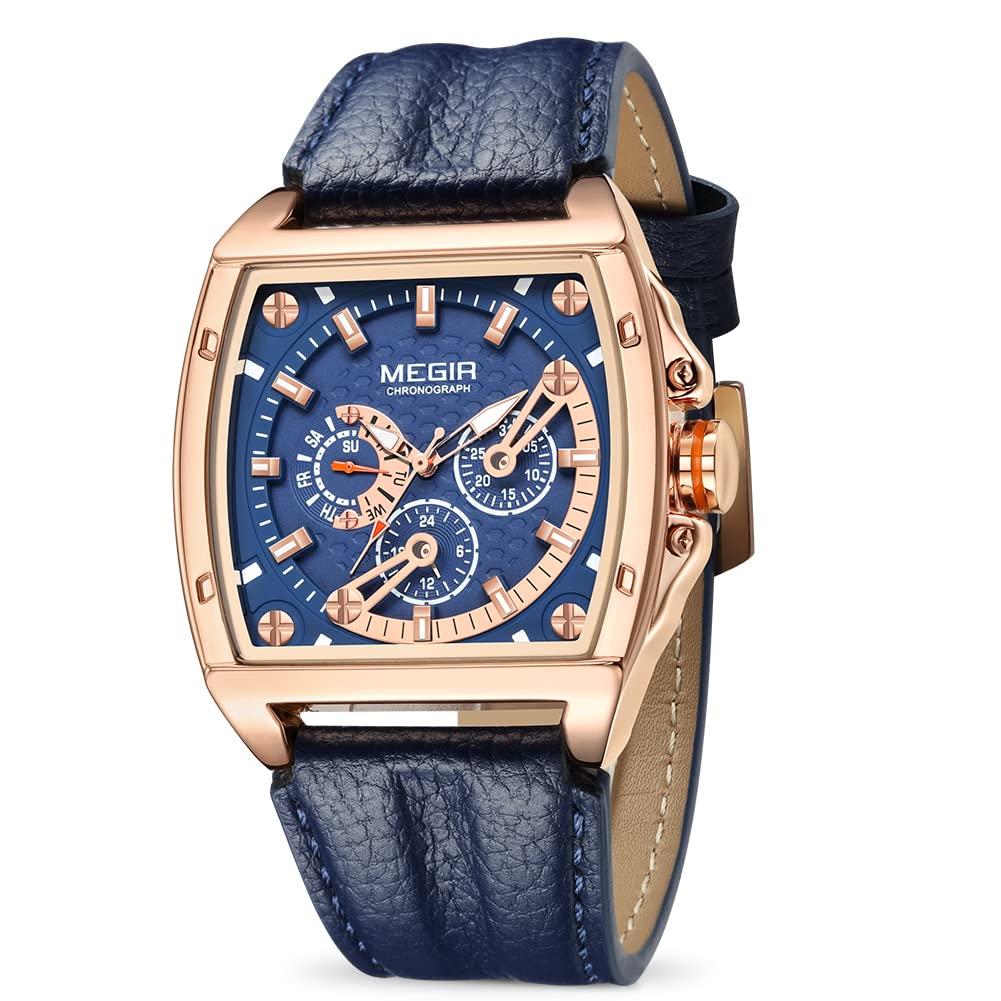 MEGIR Men's Analog Quartz Chronograph Luminous Sports Watch with Genuine Leather Strap - Waterproof Military Style Wristwatch for Running, Hiking & Outdoor Activities (Model ML2204G)