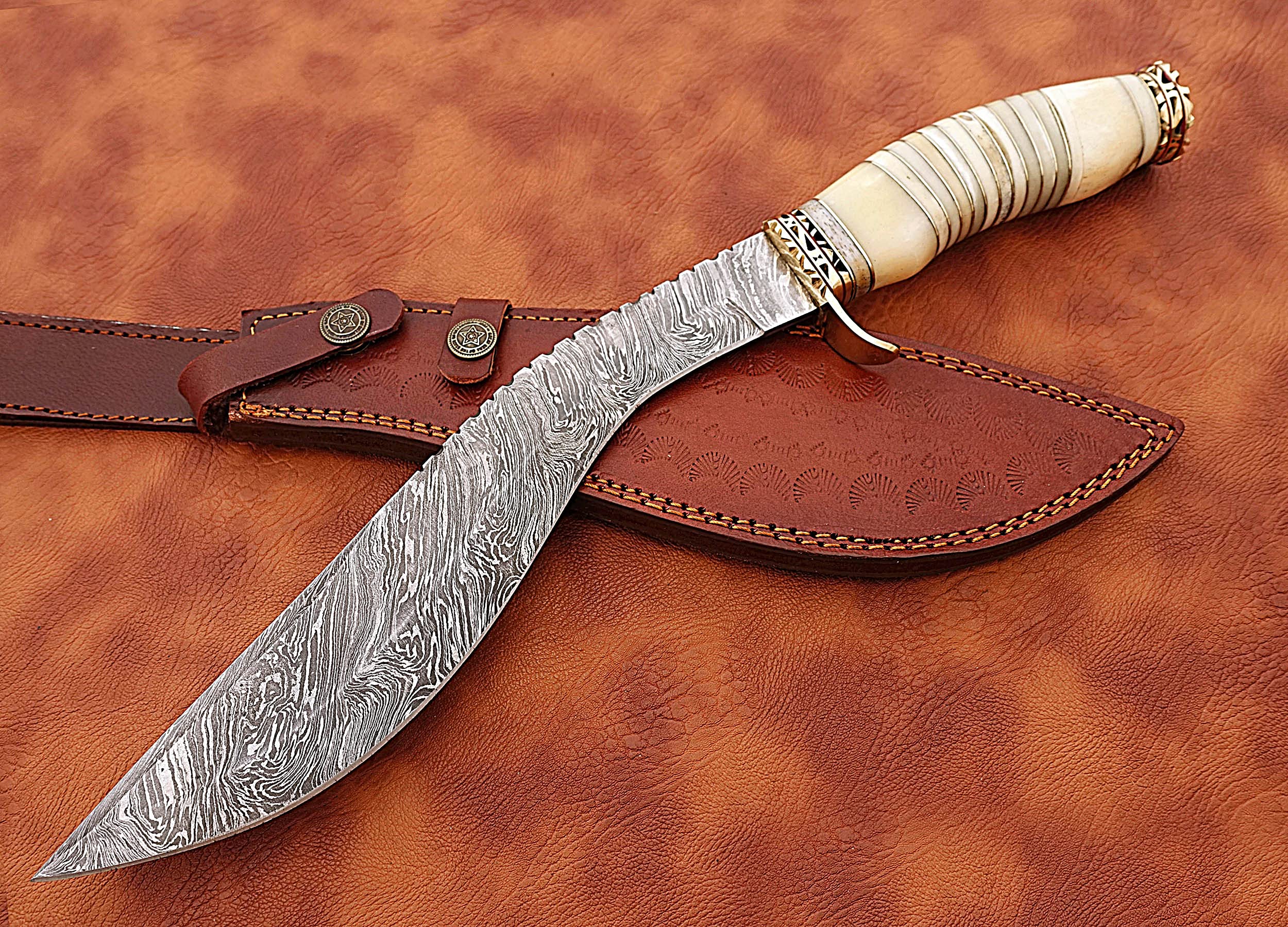Premium Damascus Steel Hunting Bowie Knife - Handcrafted with Sharp Blade & Camel Bone Handle - Perfect for Outdoor Adventures, Camping, and Survival Gear