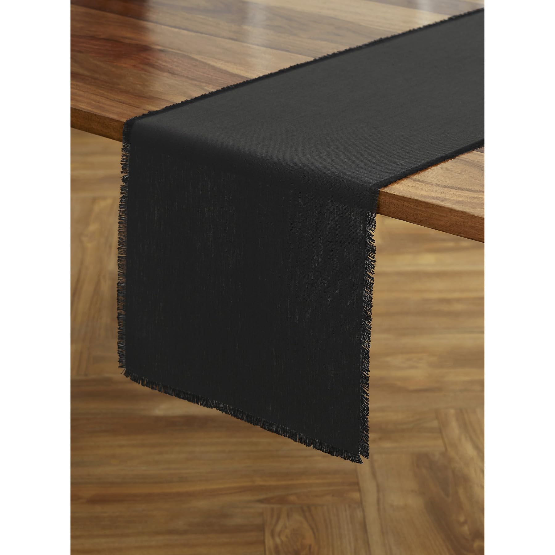 Solino Home 60 Inch Black Fringe Linen Table Runner - 100% Pure Linen Short Tablecloth 14x60 Inches for Coffee Tables & Dressers - Perfect for Spring Decor, Easter Dining & Farmhouse Style Home Decor
