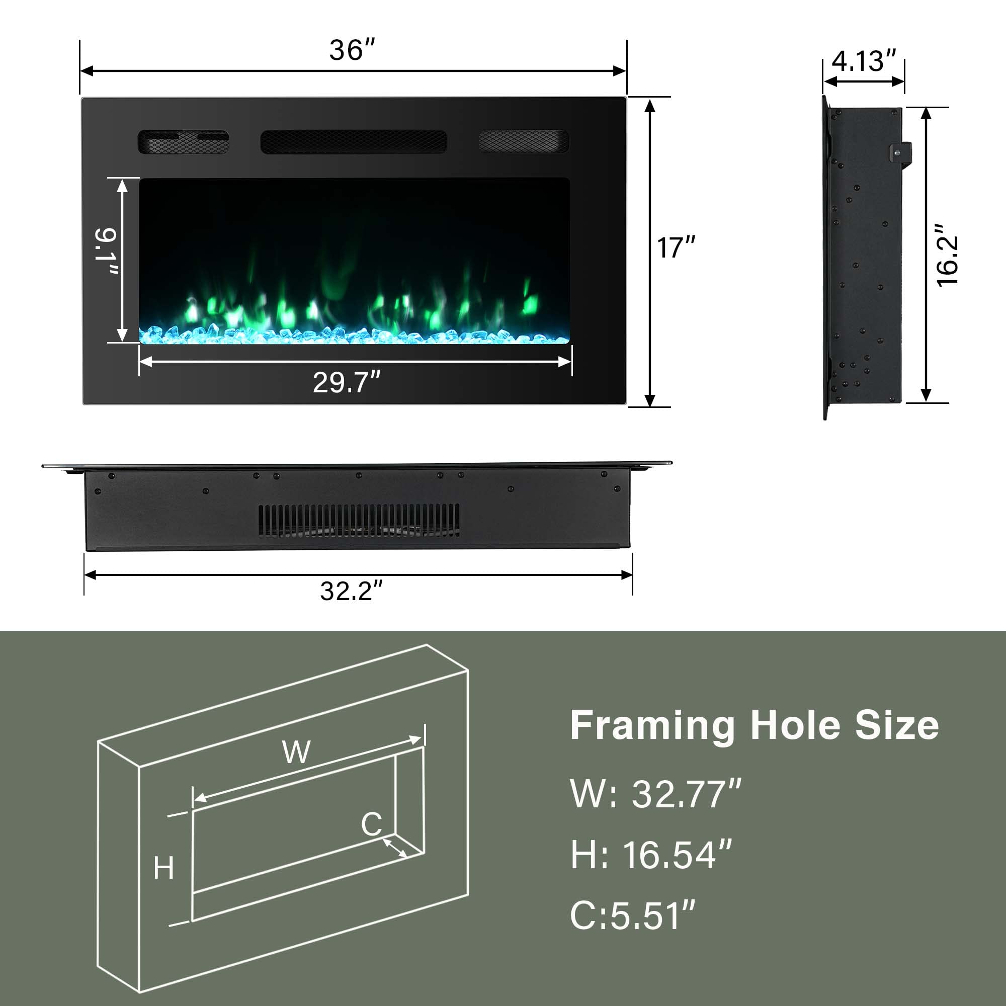 36 Inch Recessed Electric Fireplace Insert - Wall Mounted LED Fireplace with Logs & Crystal, 750W/1500W - Quiet Linear Fireplace for Living Room, Bedroom & Office - Perfect for Home Decor & Winter Heating