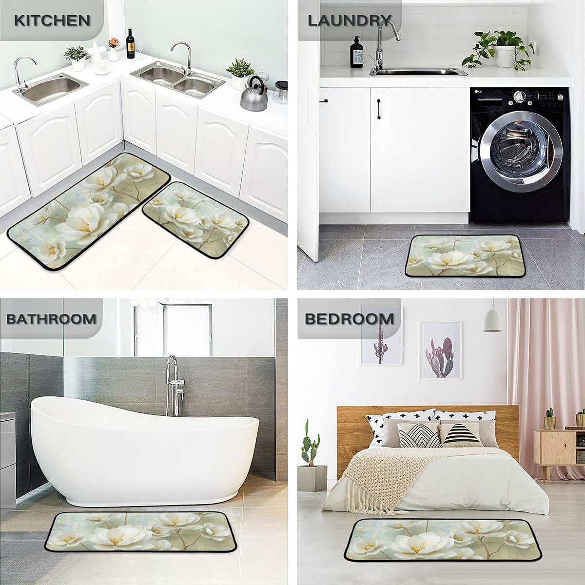 Non-Slip Washable 2-Piece Magnolia Flower Buds Kitchen Rug Set - Anti-Skid Floor Mats for Sink, Laundry & Home Decor | Perfect for Kitchen Runner, Entryway & High-Traffic Areas