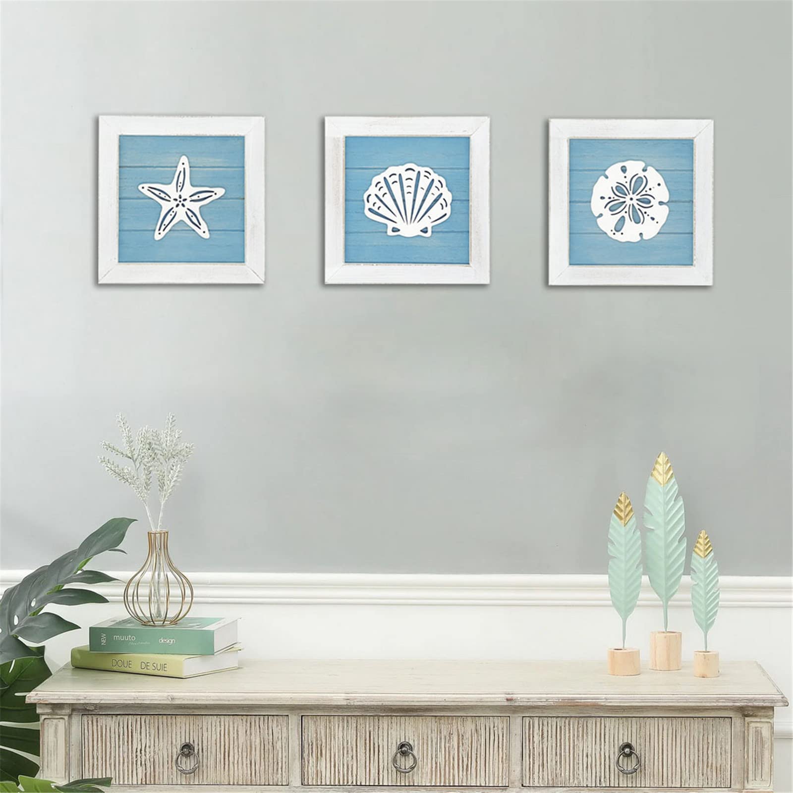 Ocean Theme Beach Wall Decor Set of 3 - Coastal 3D Wall Art with Starfish, Shell & Sand Dollar in White | Perfect for Bathroom, Living Room & Summer Beach Decor | Nautical Home Accents for Coastal Style Interiors