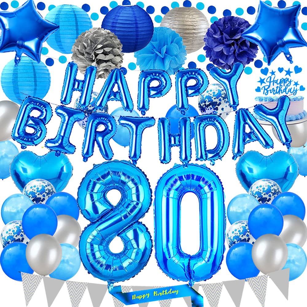 80th Birthday Party Decorations Set - Blue Happy Birthday Banner, Sash, Cake Topper & Balloons for 80 Years Old Celebration | Perfect for Milestone Birthday Decor, Retirement Parties & Anniversary Events