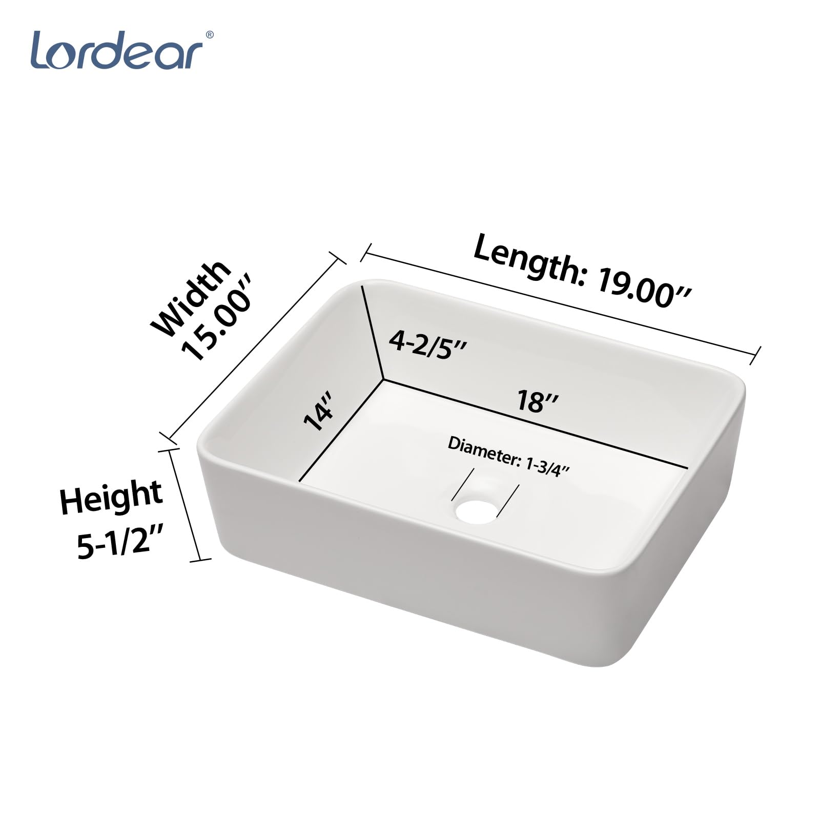 Lordear 19x15 Inch White Ceramic Porcelain Vessel Sink with Matte Black Single Handle Faucet - Above Counter Rectangular Bathroom Sink Combo for Modern & Contemporary Vanities