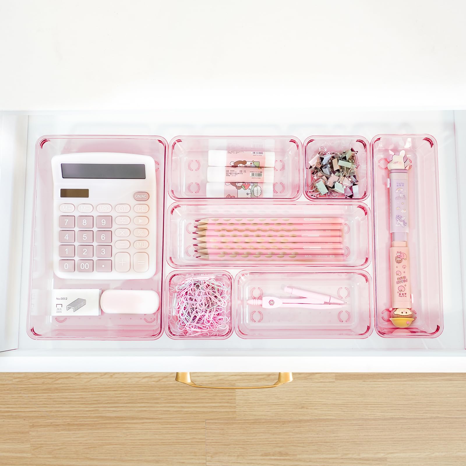 25-Piece Plastic Drawer Organizer Set - 4-Size Bathroom & Vanity Storage Trays for Makeup, Jewelry, Kitchen Utensils & Office Supplies | Space-Saving Pink Organizer Bins for Bedroom, Bath & Home Organization