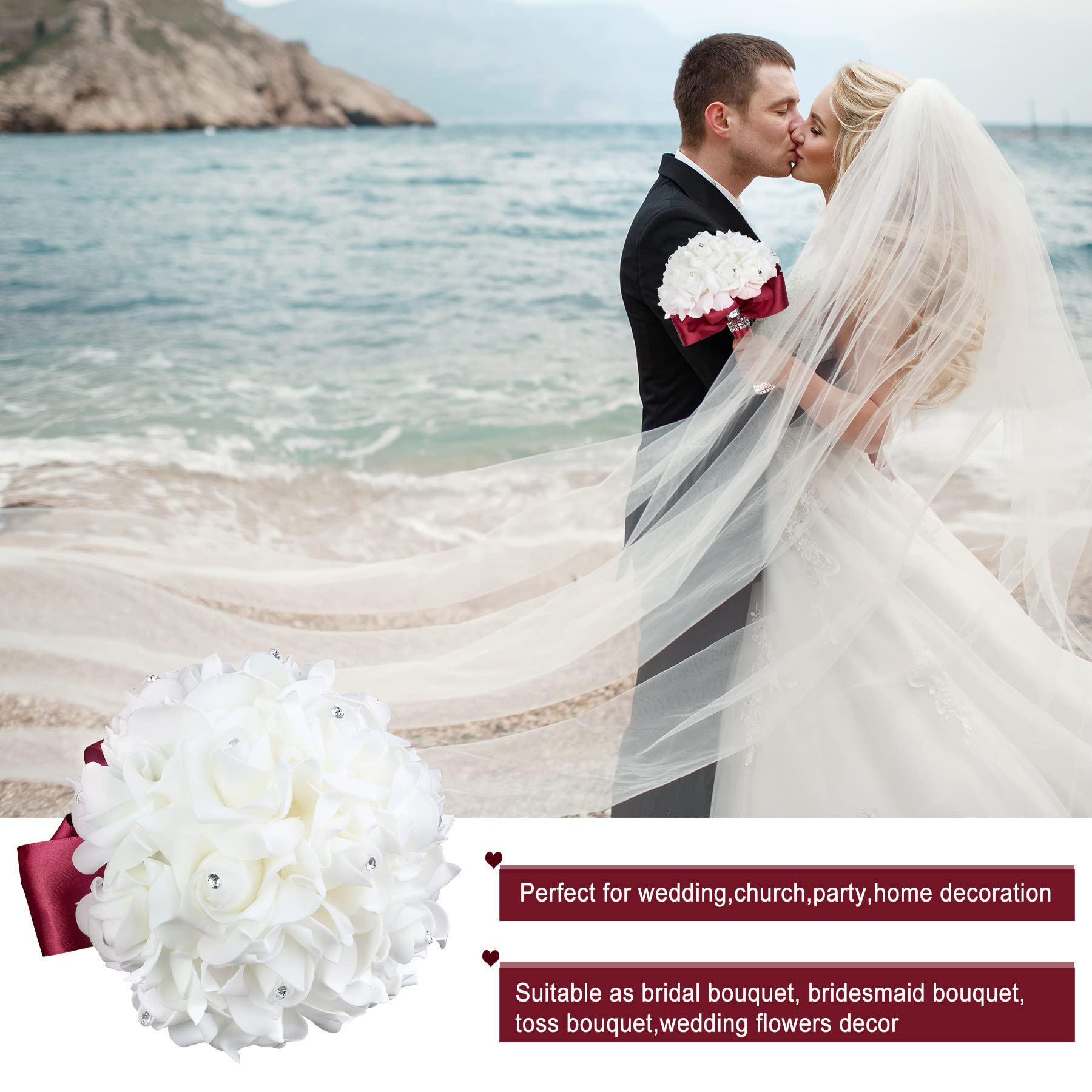 Elegant Burgundy Silk Rose Bridal Bouquet with Crystals - Perfect for Brides, Bridesmaids & Wedding Toss Bouquet - Burgundy & White Wedding Party Flowers for Ceremonies, Receptions & Photo Shoots