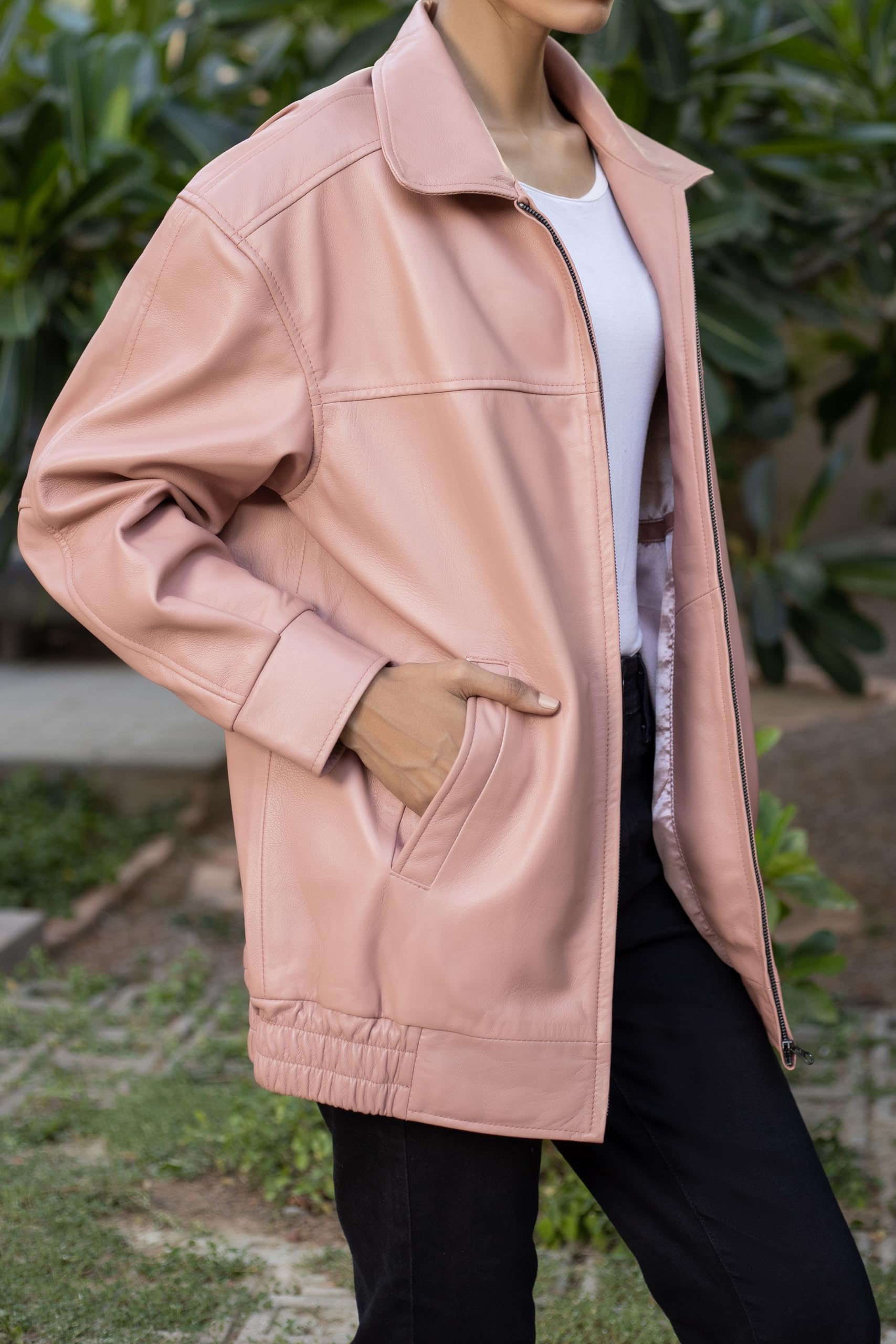 Jild Women's Oversized Lambskin Leather Jacket - Plus Size Fashion Outerwear for Fall | Stylish Layering for Casual Outings & Date Nights