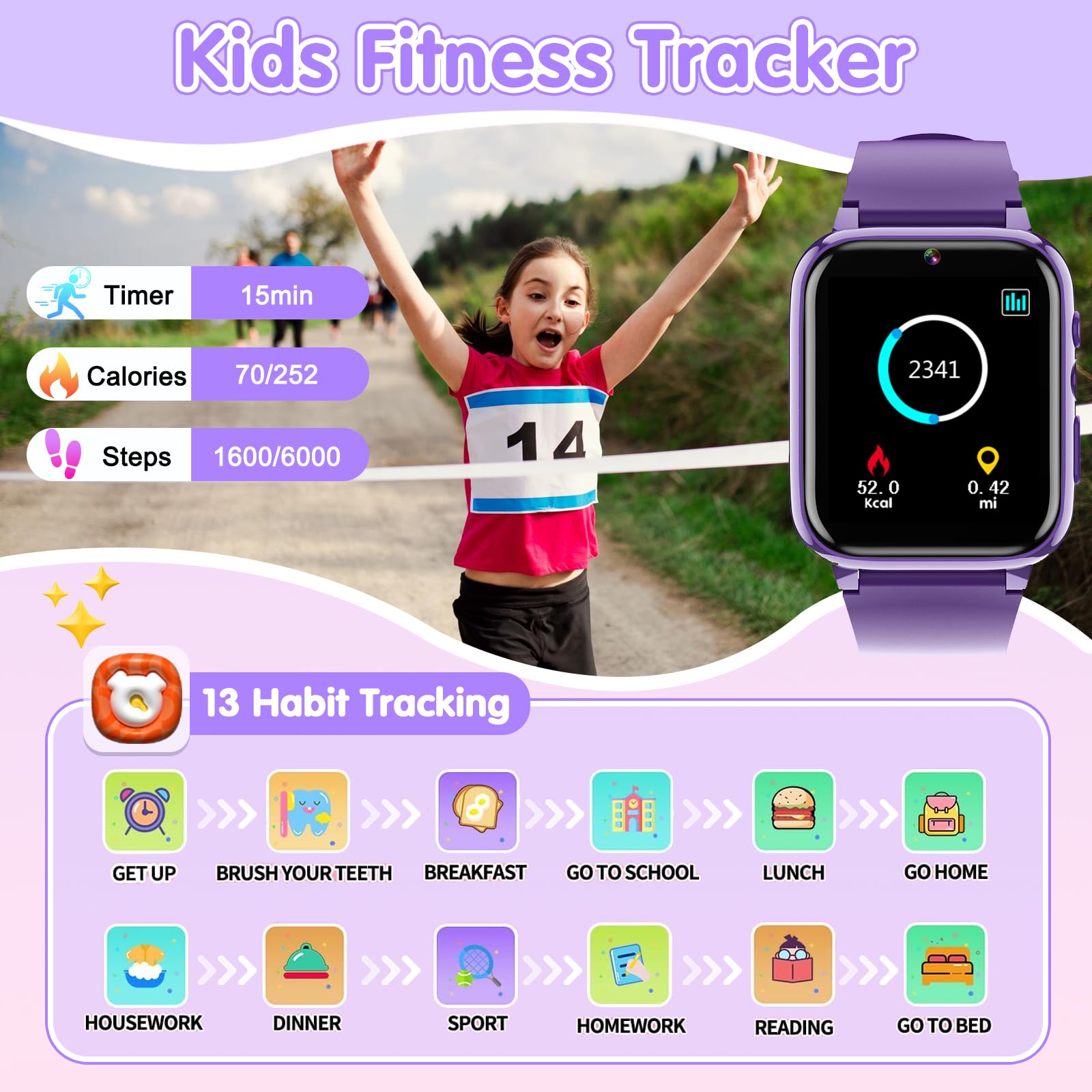 Kids Smart Watch with 26 Games, Camera, Music Player & Audiobooks - Waterproof GPS Tracker for Boys & Girls Ages 3-12 (Purple) | Perfect for Outdoor Play, Learning & Parental Monitoring