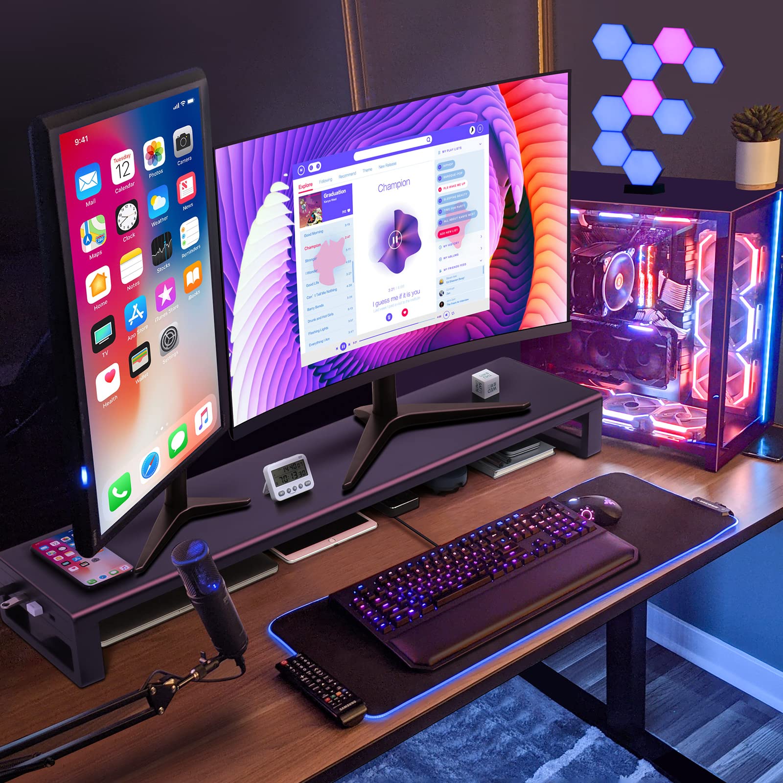 Dual Monitor Stand Riser with 4 USB 3.0 Hub Ports - Sturdy Aluminum Desktop Organizer for Computer, TV, PC, Printer & Speakers | Perfect for Home Office, Gaming Setup & Workspace Organization