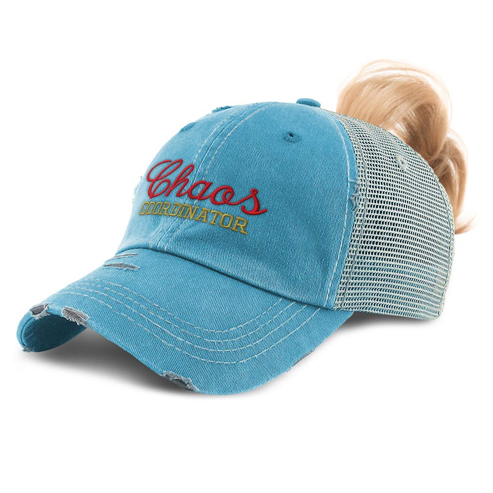 Custom Women's Ponytail Cap - Chaos Coordinator Embroidery Distressed Trucker Hat for Women - Perfect for Outdoor Activities, Sports & Casual Wear