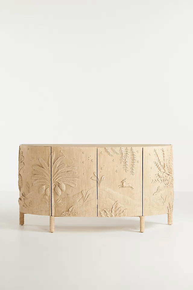Hand Carved Wooden Buffet Table - Unique Imagined World Design Credenza for Dining Room & Living Room Decor