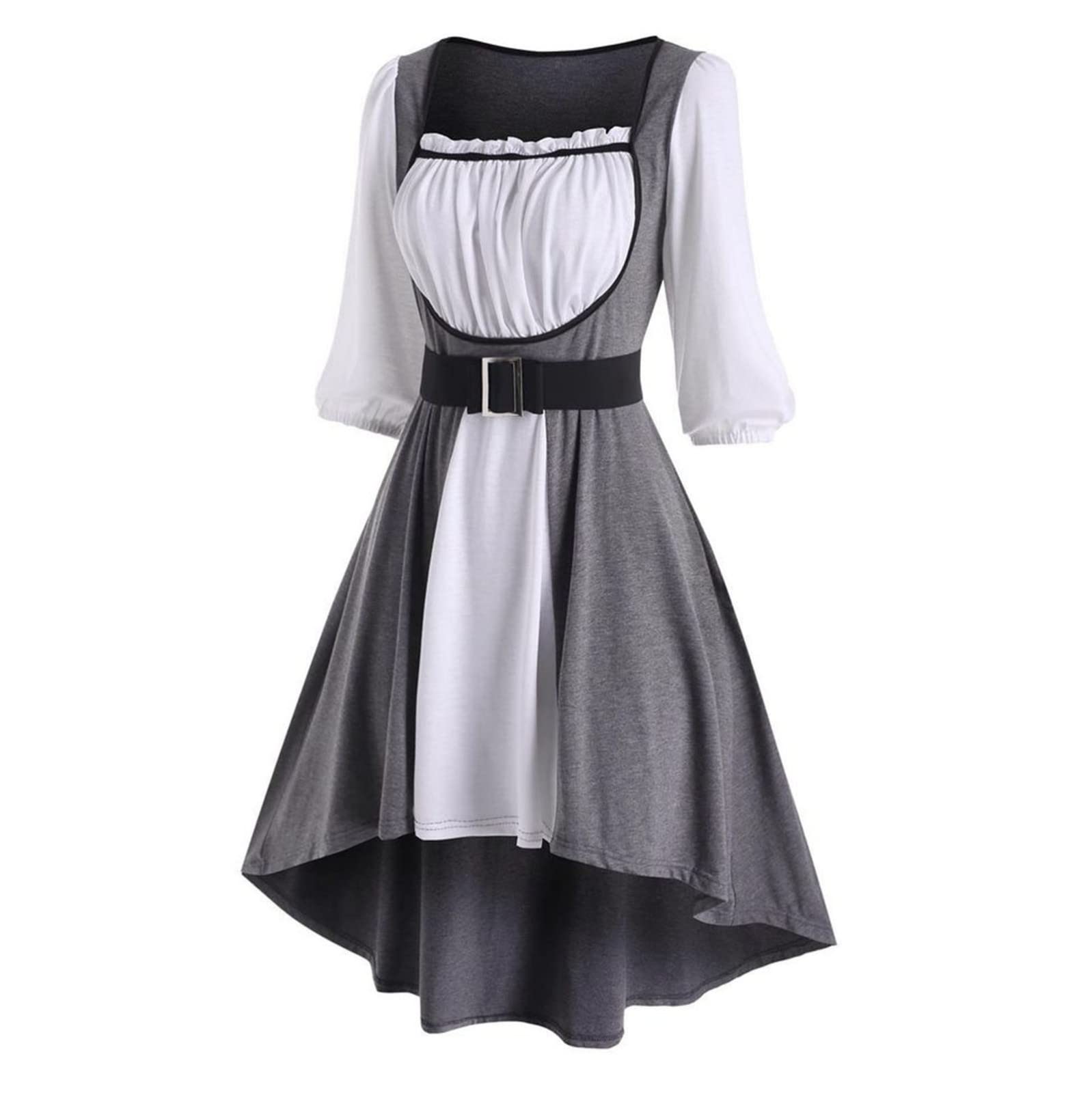 Gothic Retro Midi Dress for Women - Vintage Square Neck Lantern Sleeve Color Block Patchwork Shirt Dress | Casual Office Wear & Party Outfit