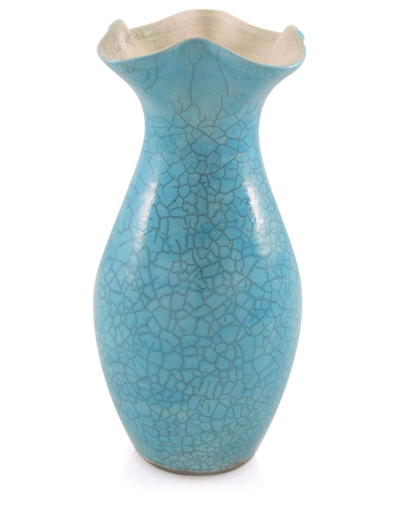 Handmade Turquoise Crackle Glaze Fluted Ceramic Vase - American Artisan Pottery for Home Decor, Wedding Centerpieces & Boho Chic Interior Design