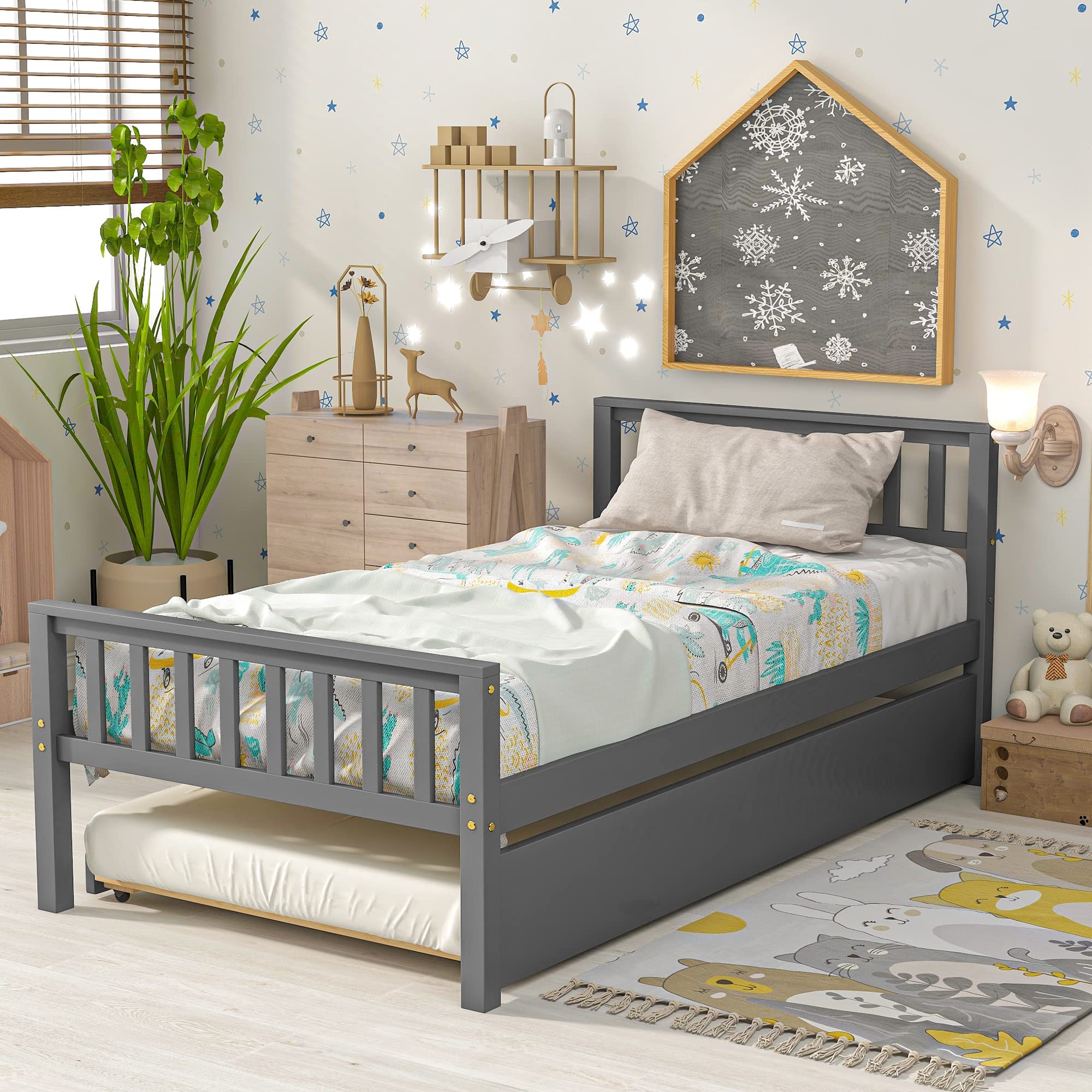**KINFFICT Twin Platform Bed Frame with Trundle - Solid Pine Wood Daybed with Headboard & Footboard - Sturdy 10-Slat Support, No Box Spring Needed - Perfect for Kids' Room, Guest Bed, or Small Spaces (Gray)**