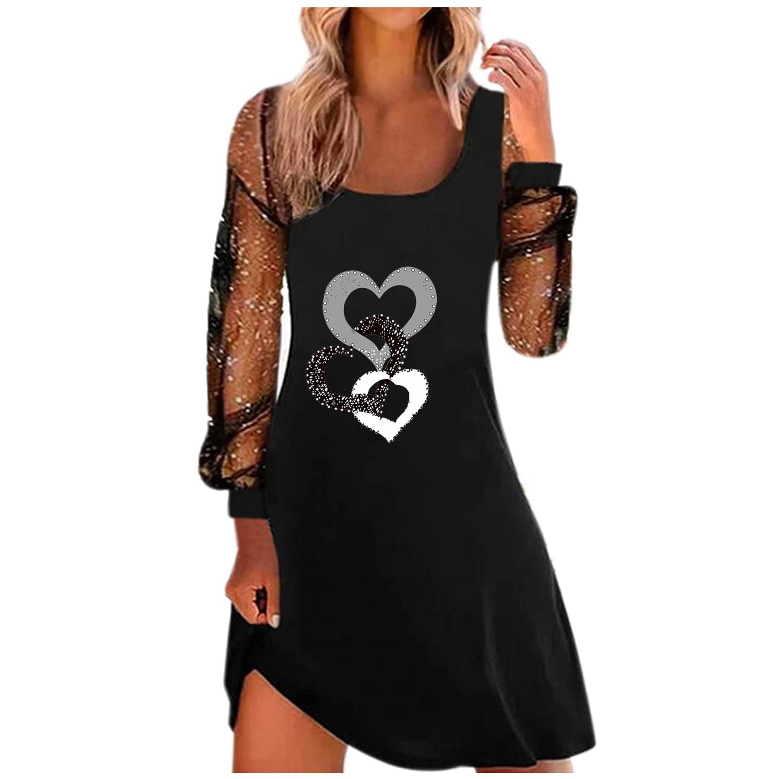 Lisgai Women's Holiday Dresses - Valentine's Day Heart Print Sheer Sexy Long Sleeve Flowy Dress for Date Night, Party & Special Occasions
