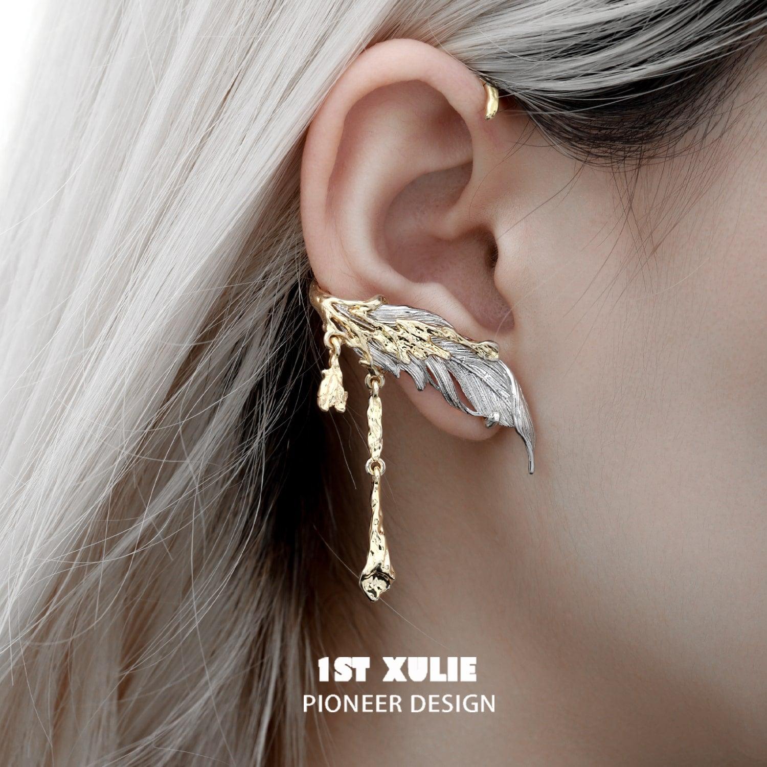18K Gold Feather Ear Clips for Women - Elegant Luxury Jewelry Gift for Birthday, Anniversary & Special Occasions | Perfect for Parties, Weddings & Evening Events