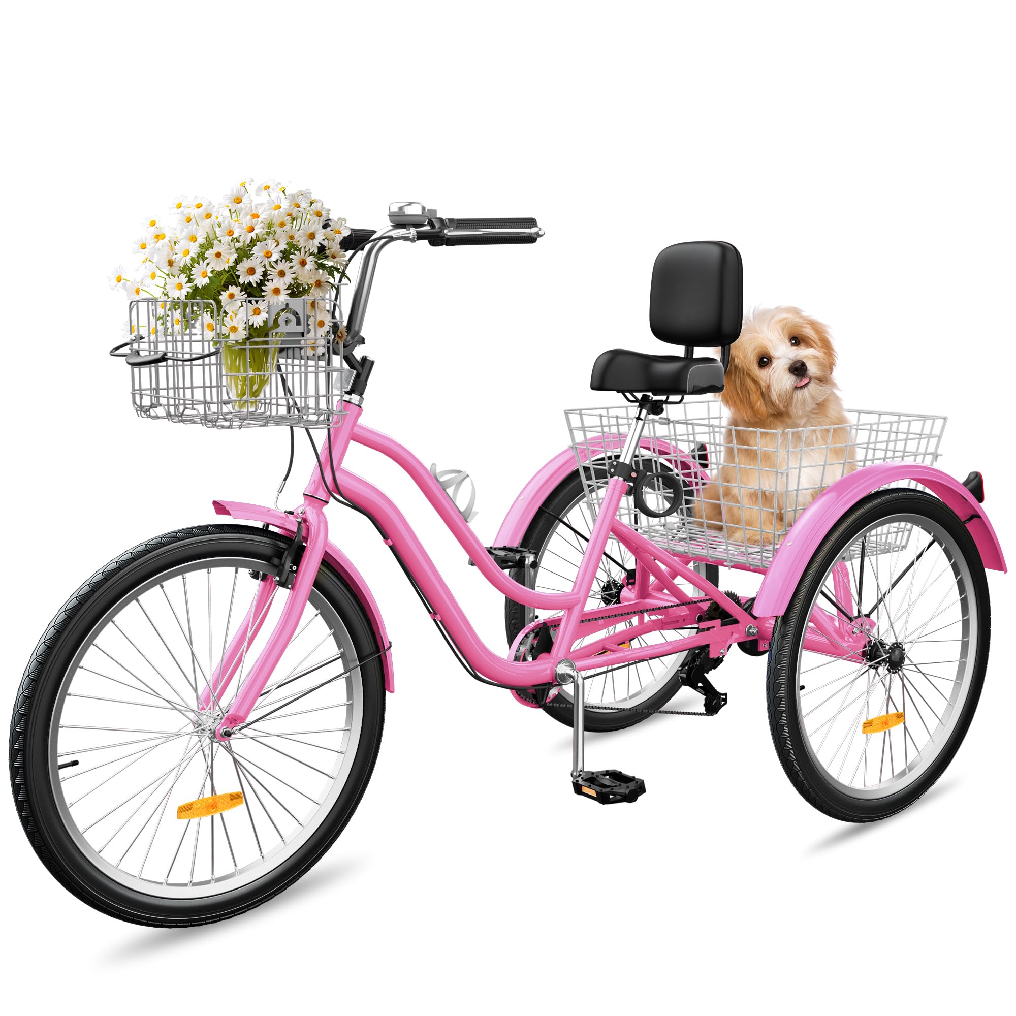 YITAHOME 24 & 26 Inch Adult Tricycle - 1 & 7 Speed 3 Wheel Bike with Large Cushioned Seat & Backrest - Front & Rear Baskets - Stable Cruiser Trike for Seniors, Women & Men - Perfect for Commuting, Picnics, Grocery Shopping & Outdoor Recreation