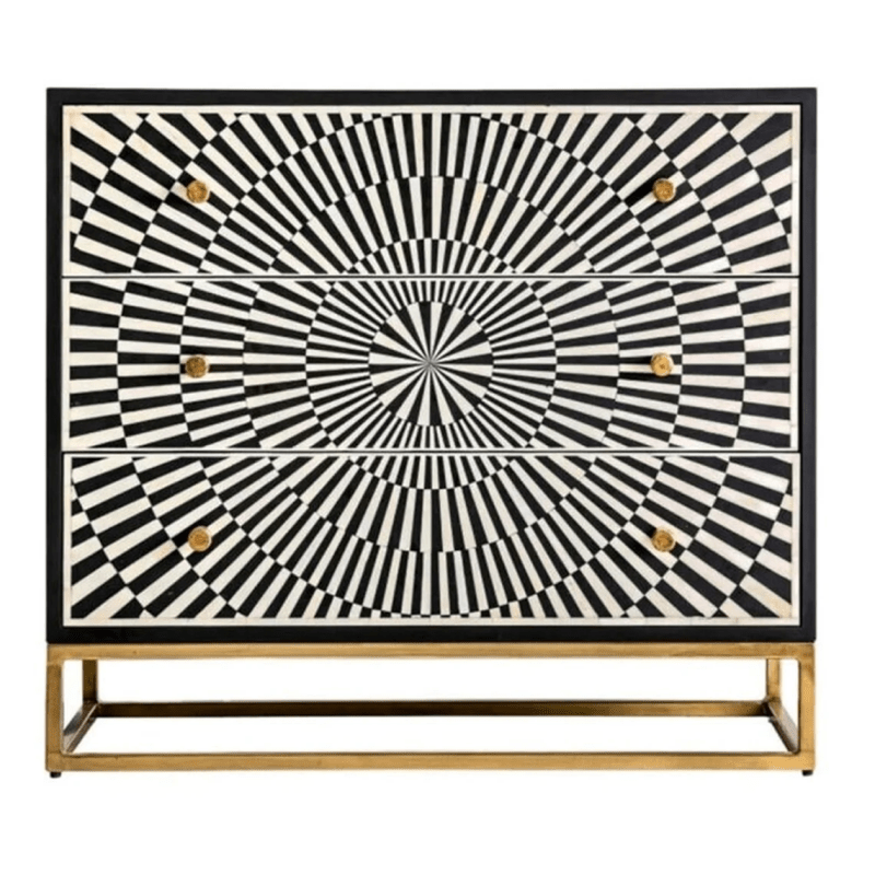 Handmade Bone Inlay Dresser with Striped Pattern - 3 Drawer Vintage Bedroom Furniture for Home Decor & Storage