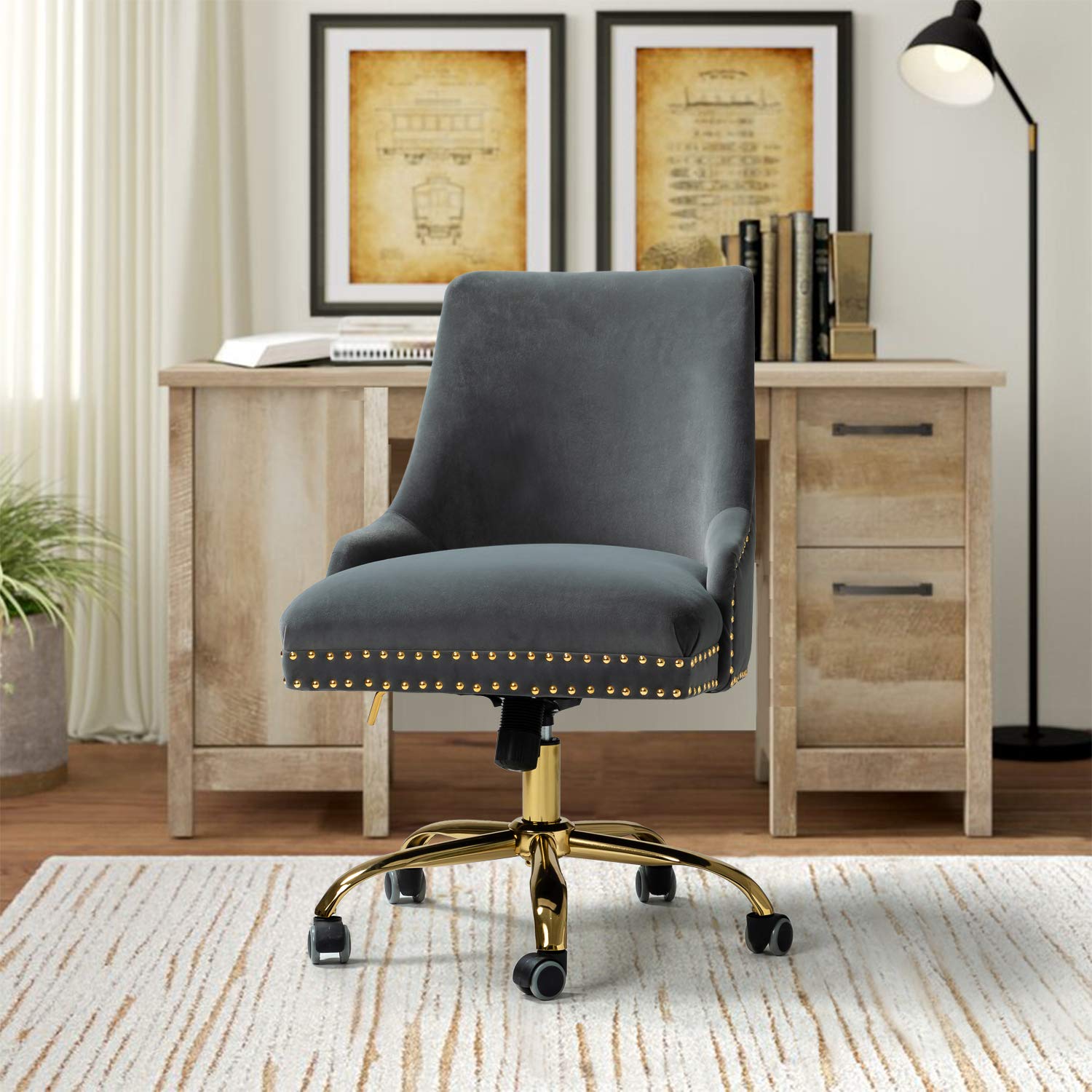 Velvet Home Office Chair with Gold Base & Nailhead Trim - Modern Ergonomic Computer Desk Chair with Adjustable Height & Swivel Wheels - Comfortable Study/Gaming Chair for Women - Grey Velvet Accent Chair for Bedroom, Living Room & Workspace