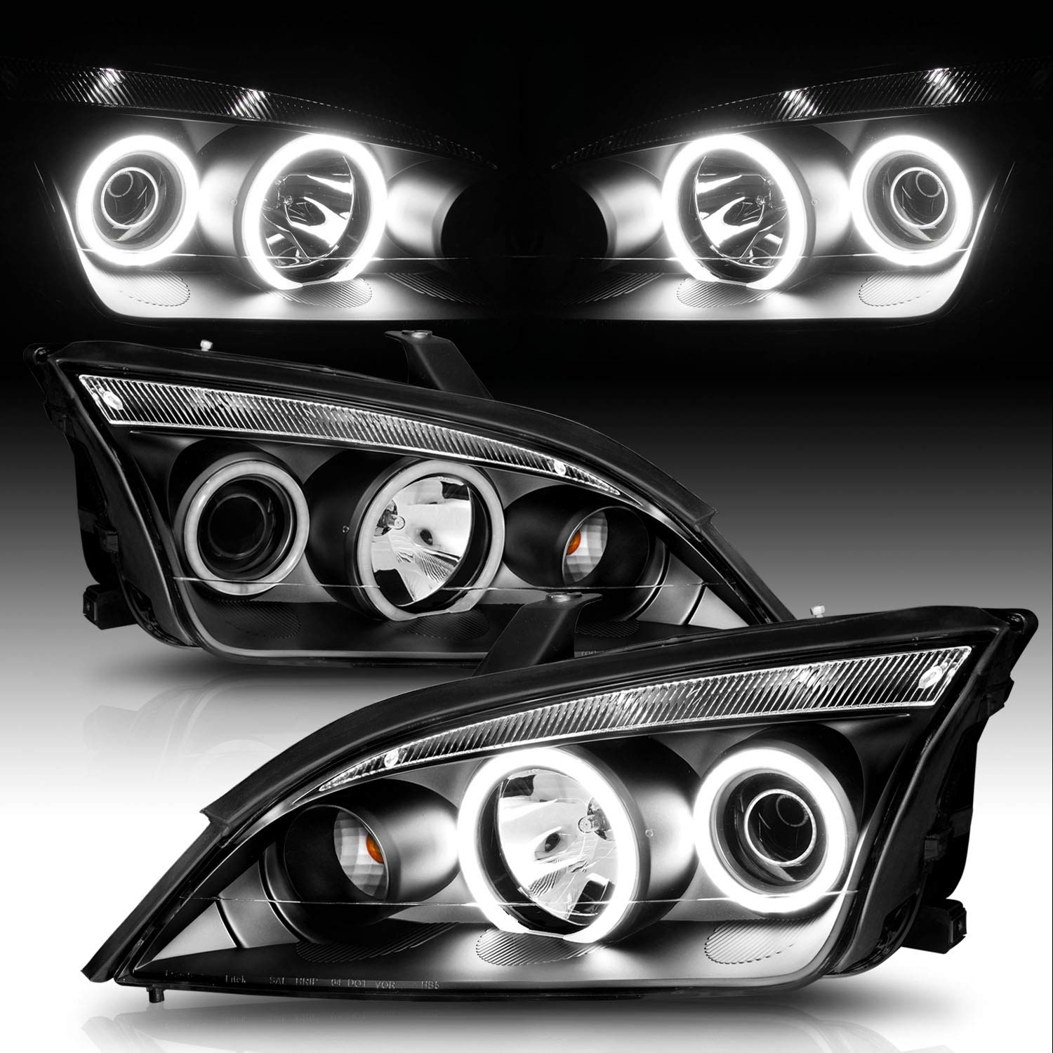 AmeriLite Xtreme LED Halo Projector Headlights - Black Housing for 2005-2007 Ford Focus ZX4 4-Door Sedan (Pair) | High-Intensity Lighting for Night Driving & Enhanced Style