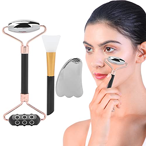Facial Massager Kit with Germanium Particles - Black Ridged Roller for Skin Relaxation & Rejuvenation | At-Home Spa Treatment & Anti-Aging Skincare Routine