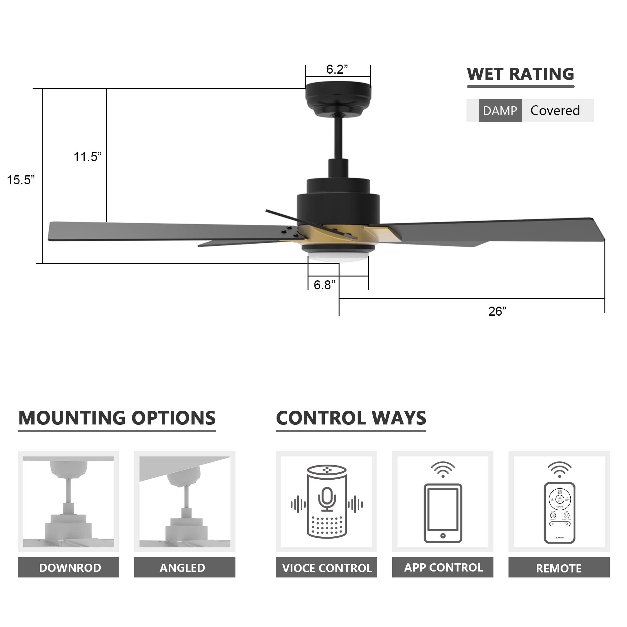 SMAAIR 52 Inch Smart Ceiling Fan with Lights - Low Profile, Dimmable LED Light, 10-Speed Reversible DC Motor, APP/Alexa/Google Assistant/Siri Voice Control (Black/Gold) - Perfect for Bedroom, Living Room and Office Spaces