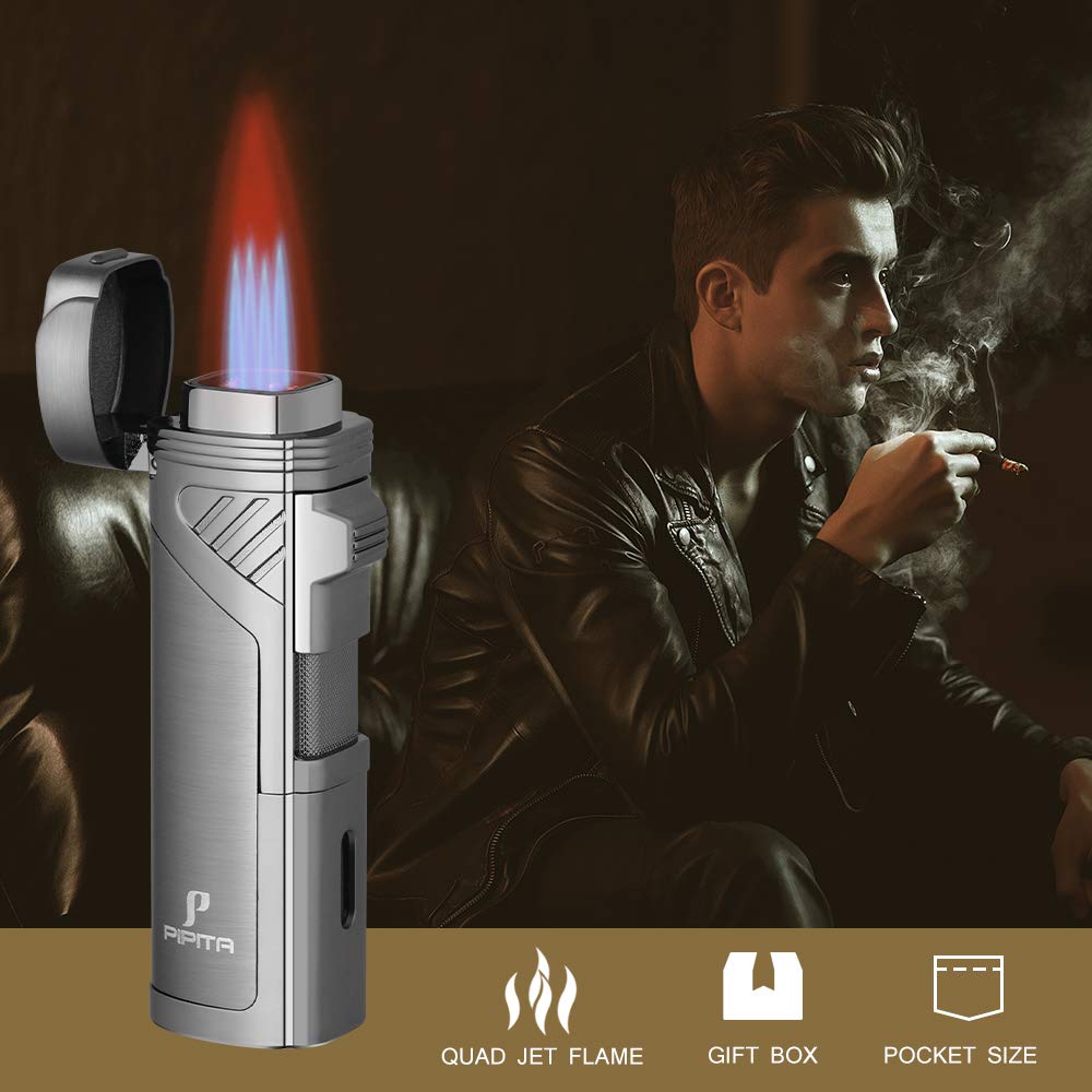PIPITA Windproof Jet Quad Flame Torch Lighter for Cigars & Cigarettes - Refillable Butane Lighter with Punch Tool for Outdoor Use