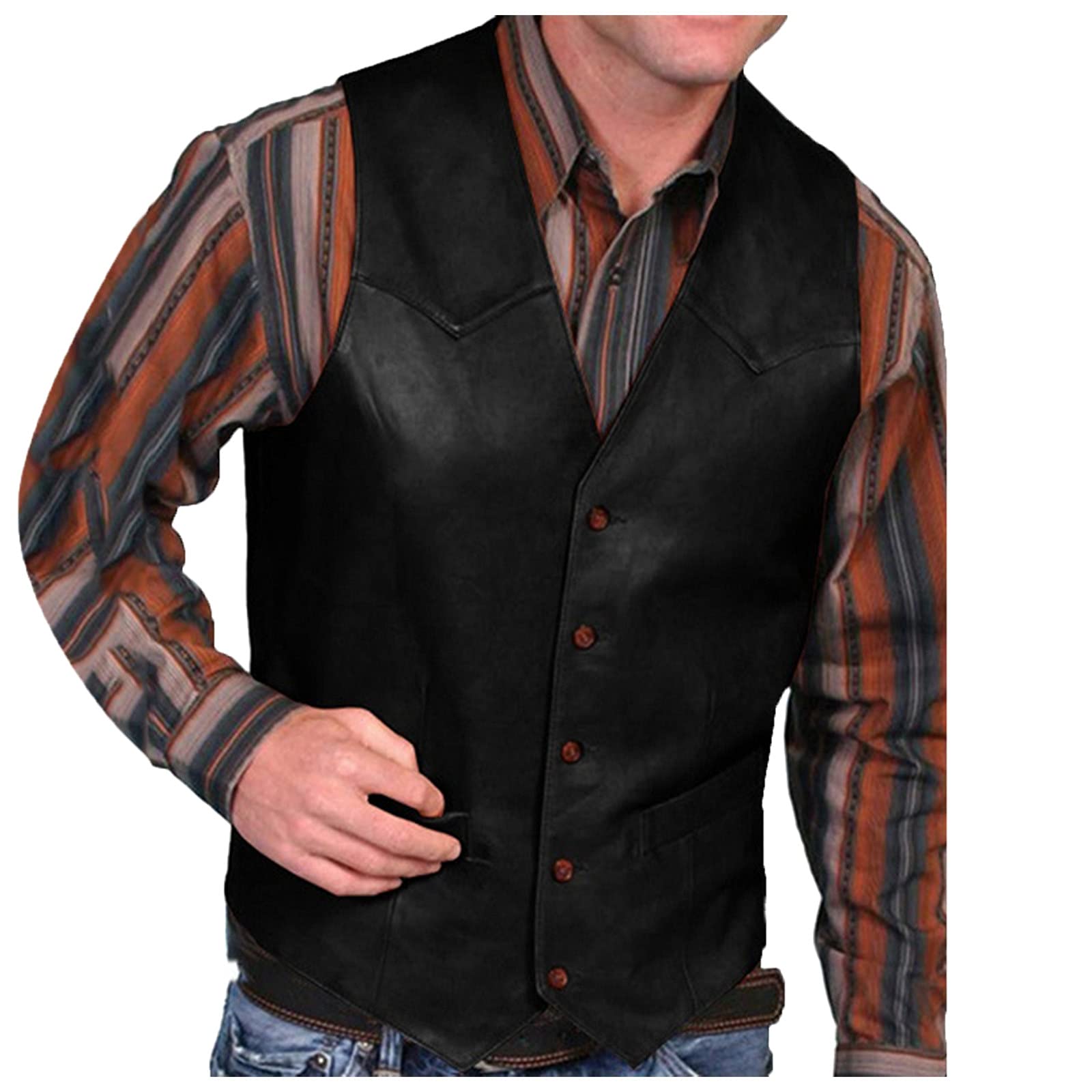 Men's Slim Fit V-Neck Button-Up Leather Vest with Pocket - Retro Style Solid Color Shirt for Casual Wear, Layering & Vintage Fashion Outfits