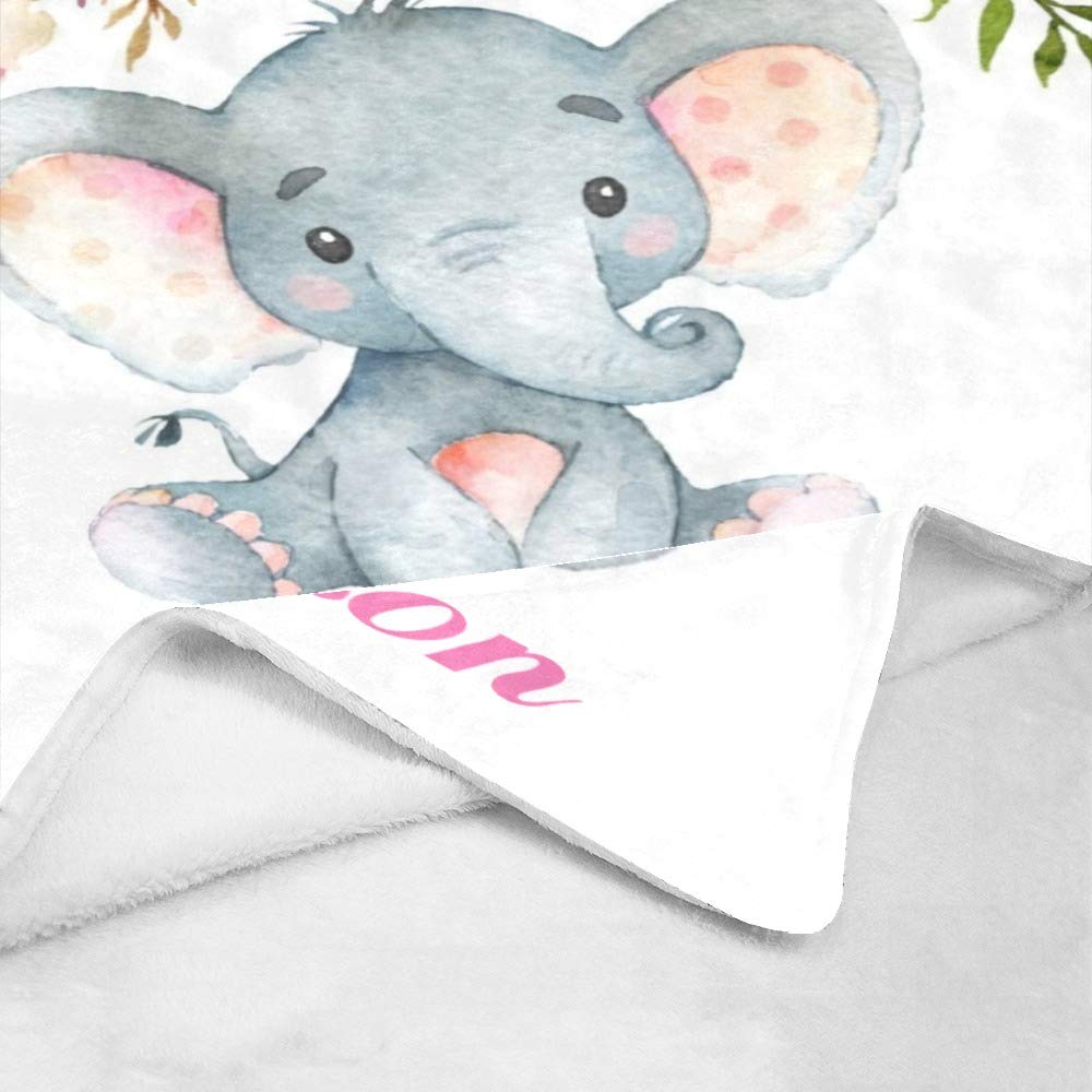 Personalized Kids Fleece Blanket with Name - Custom Elephant Floral Design Baby Throw Blanket 30