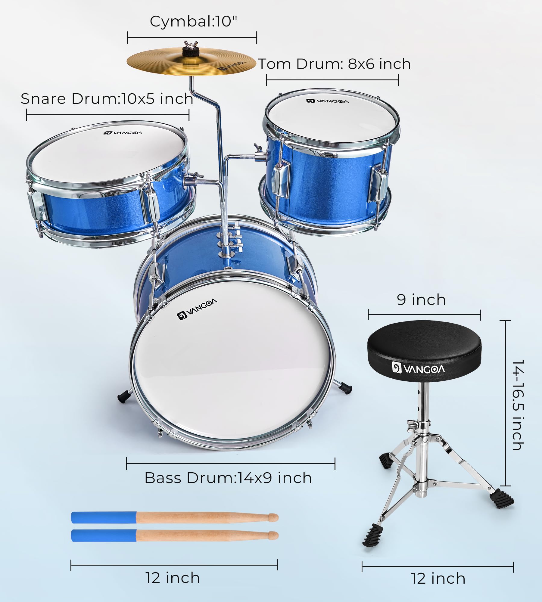 **14 Inch Kids Drum Set - 3 Piece Beginner Drum Kit for Boys & Girls with Adjustable Throne, Cymbal Pedal & Drumsticks (Blue) - Perfect for Home Play, Birthday Gifts & Music Learning**