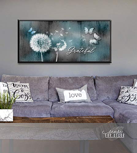 Grateful Dandelion & Butterfly Wall Art - Rustic Bedroom Decor with Floating Frame (60x27, Teal & Black) | Perfect for Living Room, Bedroom & Office Wall Decor