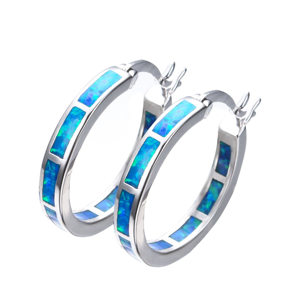925 Sterling Silver Hoop Earrings for Women | Hypoallergenic Opal & Cubic Zirconia Huggie Earrings | Blue & White Gemstone Jewelry | Perfect for Everyday Wear, Gift Giving & Special Occasions